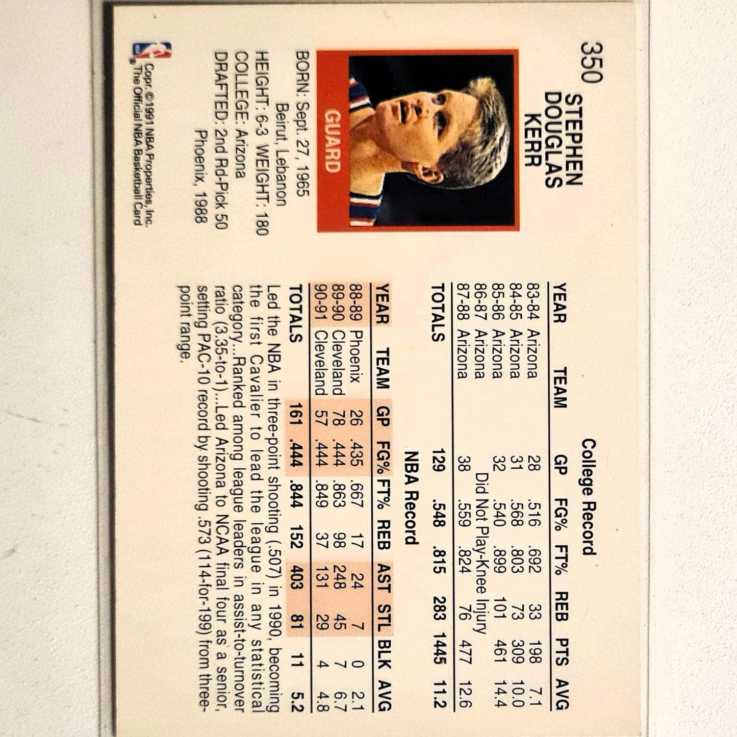 Steve Kerr 1991 BA Hoops #350 NBA Basketball Football Cleveland Cavaliers Excellent Sleeved