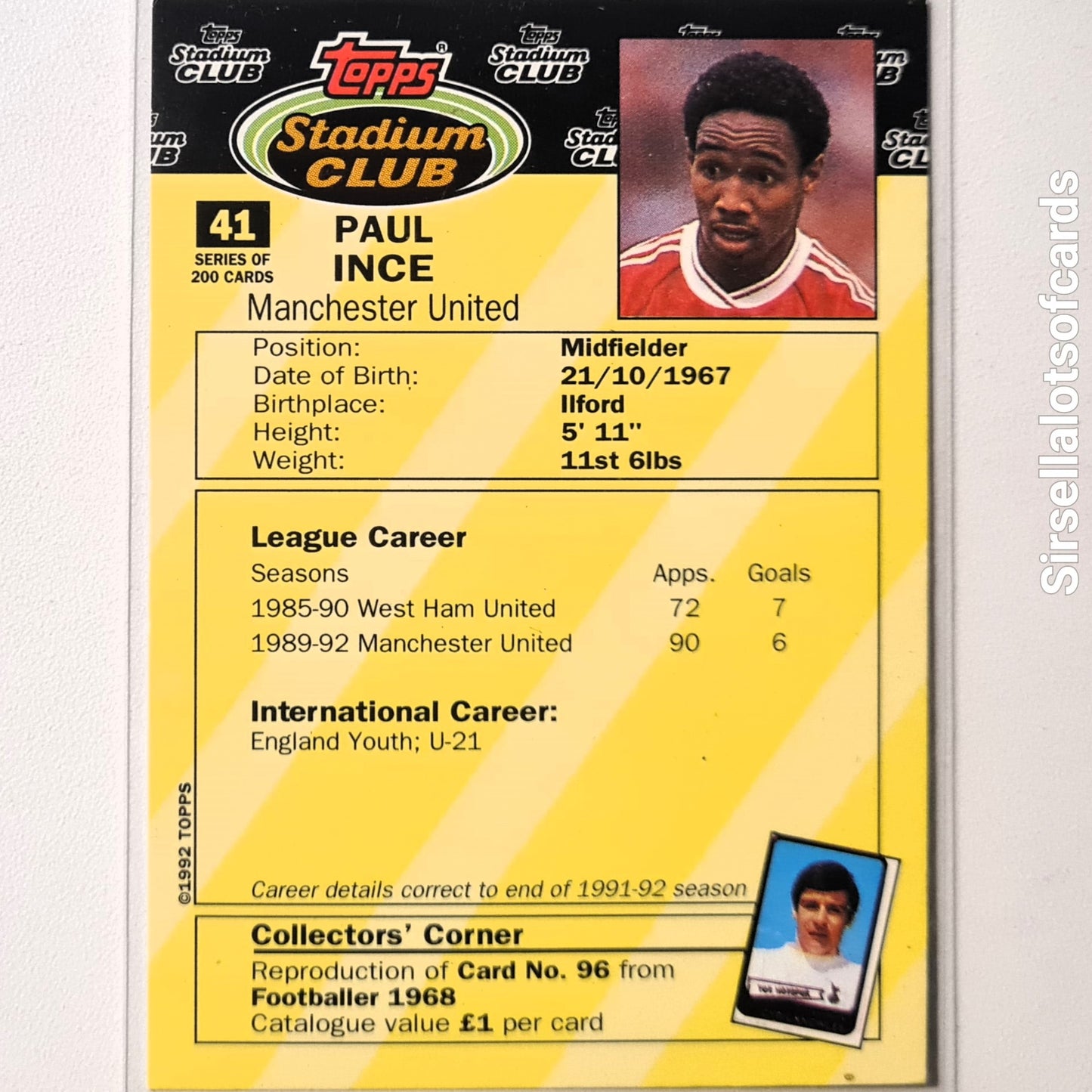 Paul Ince 1992 Topps Stadium Club premier league #41 Soccer Football Manchester United very good Sleeved