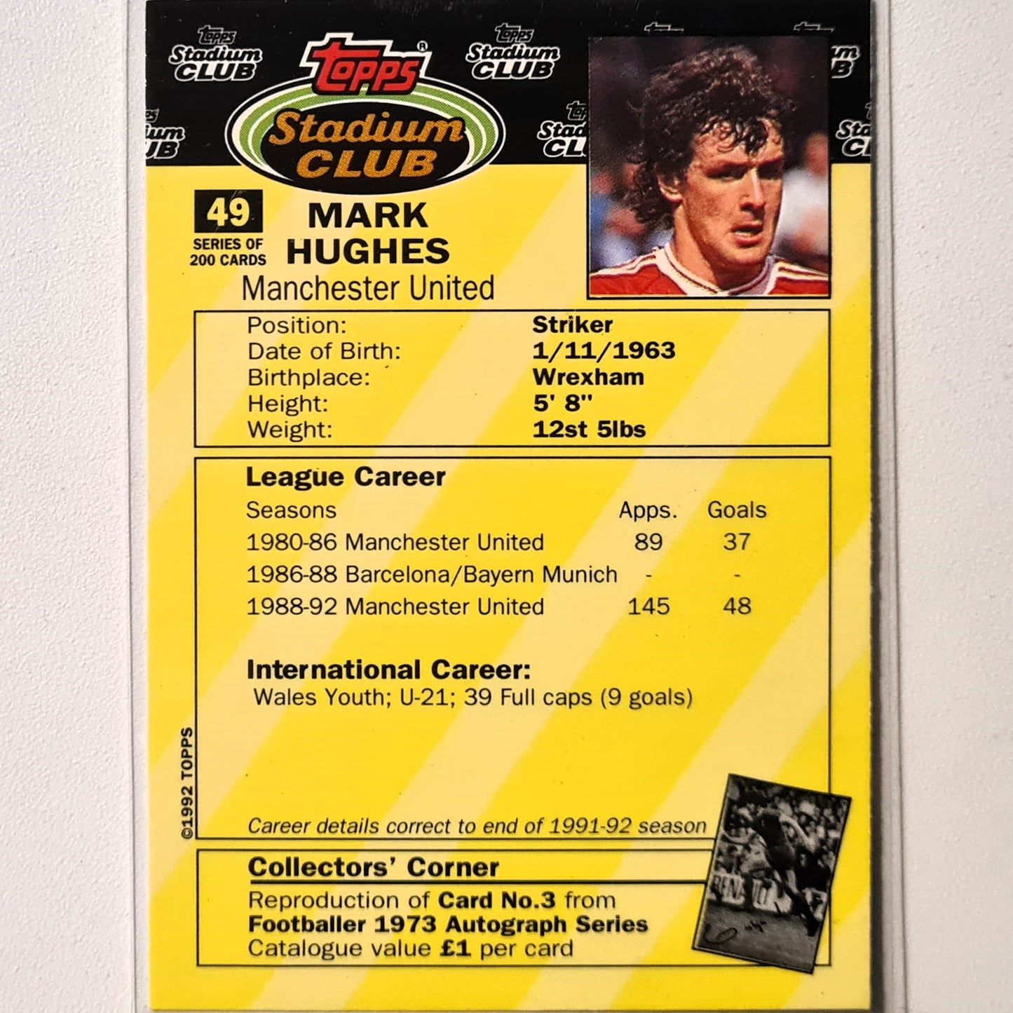 Mark Hughes 1992 Topps Stadium Club premier league #49 Soccer Football Manchester United Excellent Sleeved