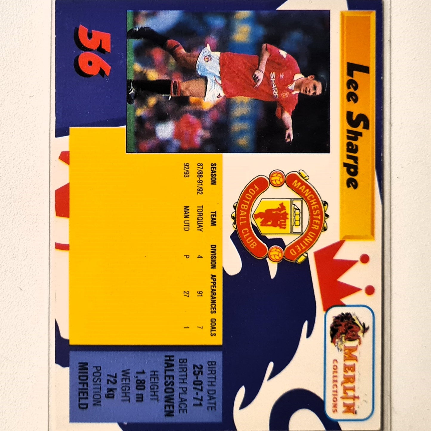 Lee Sharpe 1993 Merlin premier league #56 Soccer Football Manchester United Excellent Sleeved