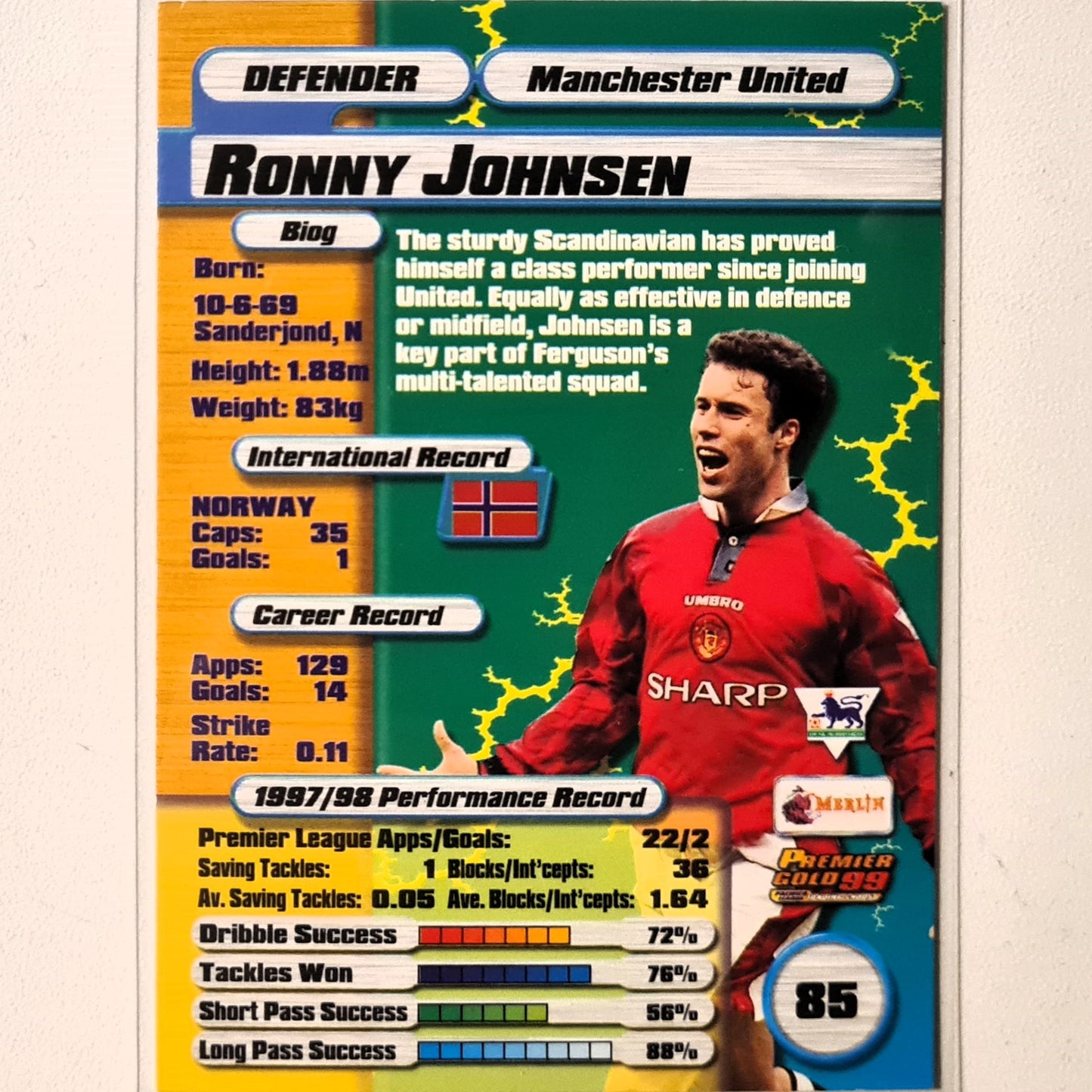 Ronny Johnson 1999 Merlin Premier Gold 99 #85 Soccer Football Manchester United very good Sleeved