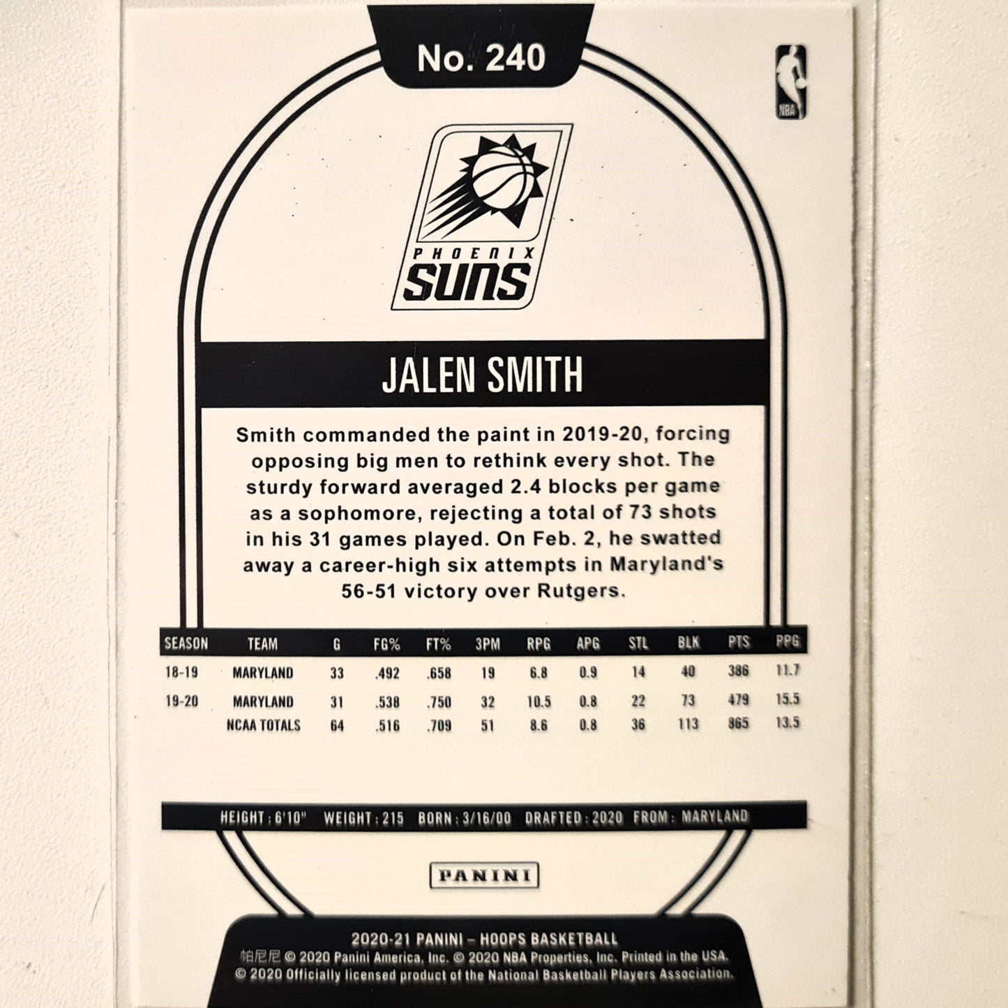 Jalen Smith 2020-21 Panini NBA Hoops Rookie RC #240 NBA Basketball Phoenix Suns Excellent/mint Sleeved