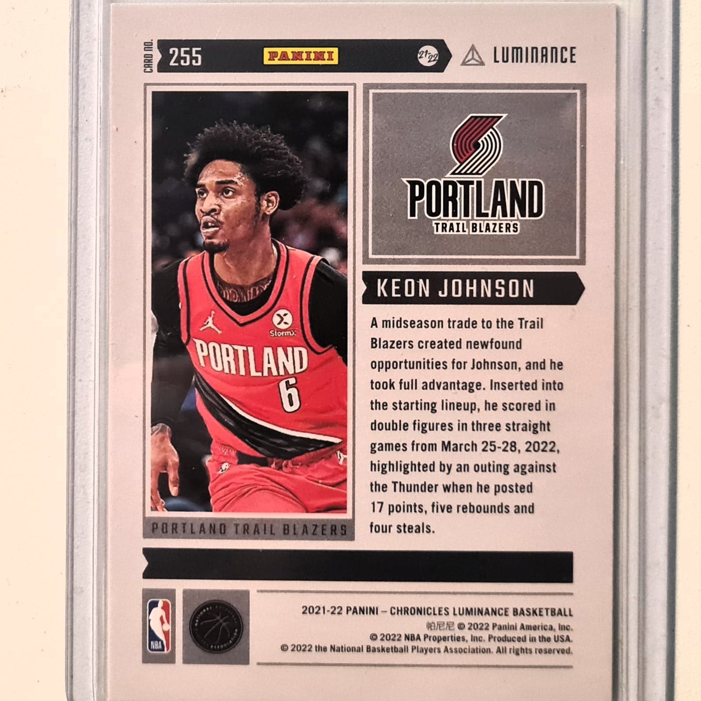 Keon Johnson 2020-21 Panini Chronicles Luminance Rookie RC #255 NBA Basketball Portland Trail Blazers Excellent/mint Sleeved