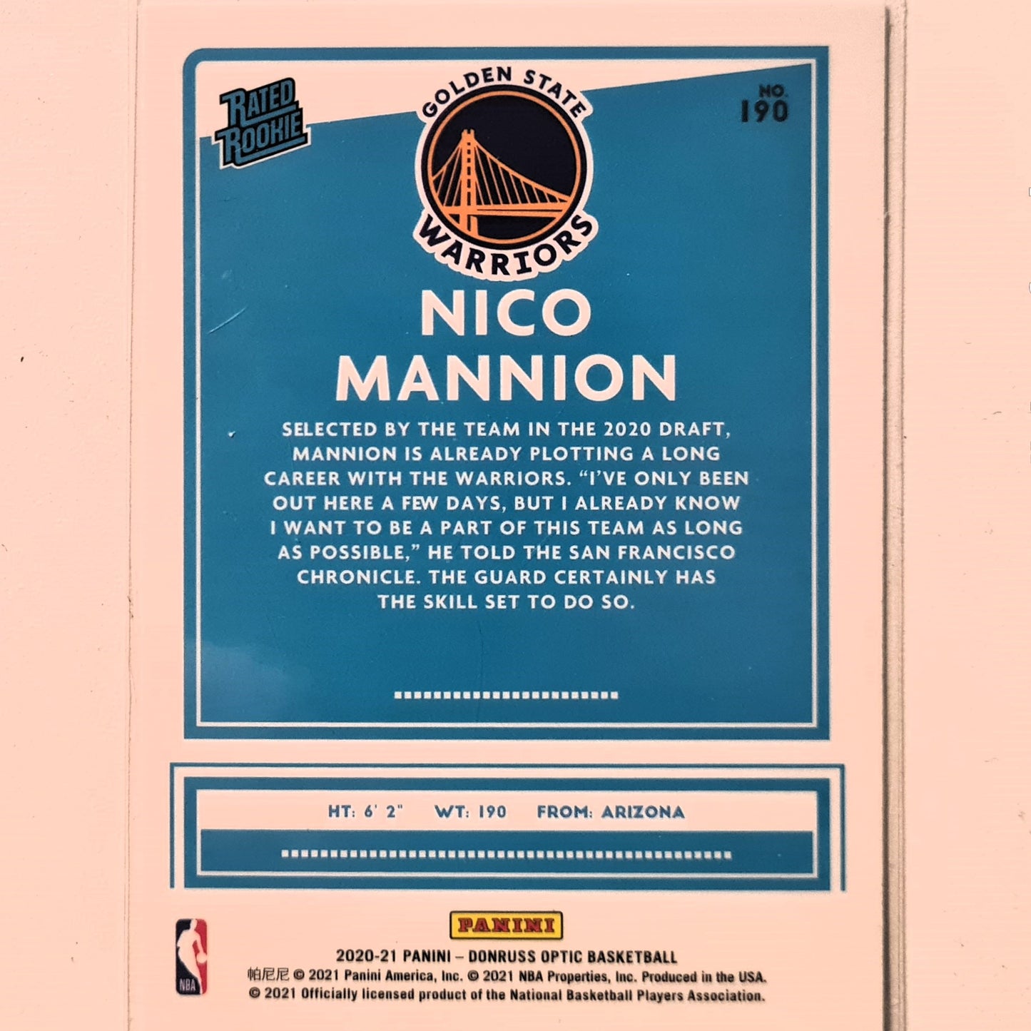 Nico Mannion 2020-21 Panini Donruss Optic Rated Rookie RC #190 NBA Basketball Golden Excellent/mint Sleeved