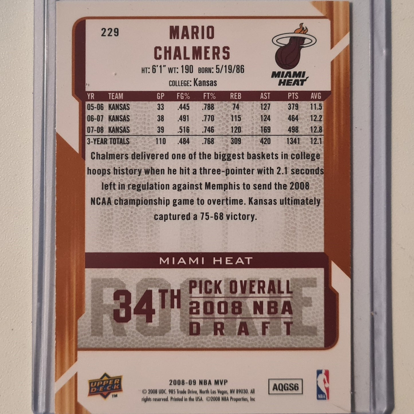 Mario Chalmers 2008-09 Panini MVP Rookie RC #229 NBA Basketball Kansas/Miami Heat Excellent Sleeved