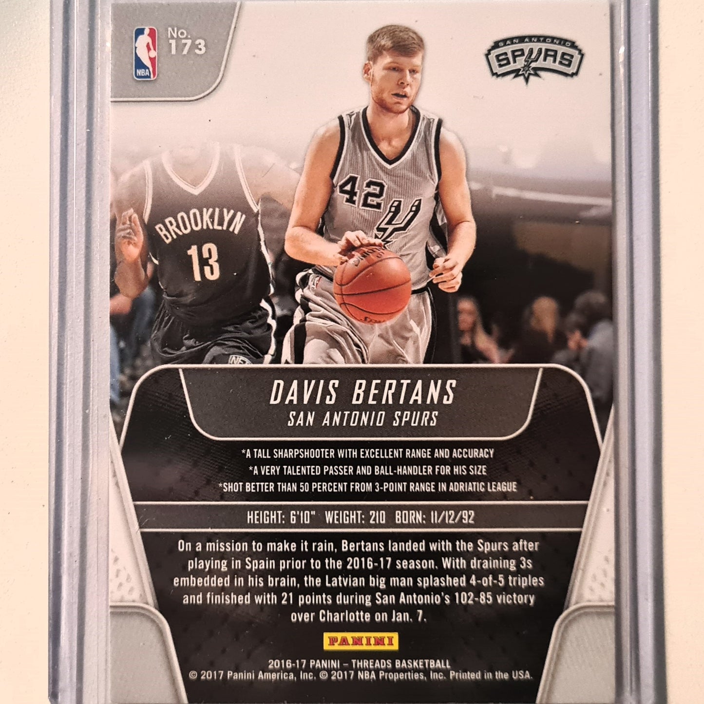 Davis Bertans 2016-17 Panini NBA Hoops Rookie RC #173 NBA Basketball San Antonio Spurs Excellent Sleeved