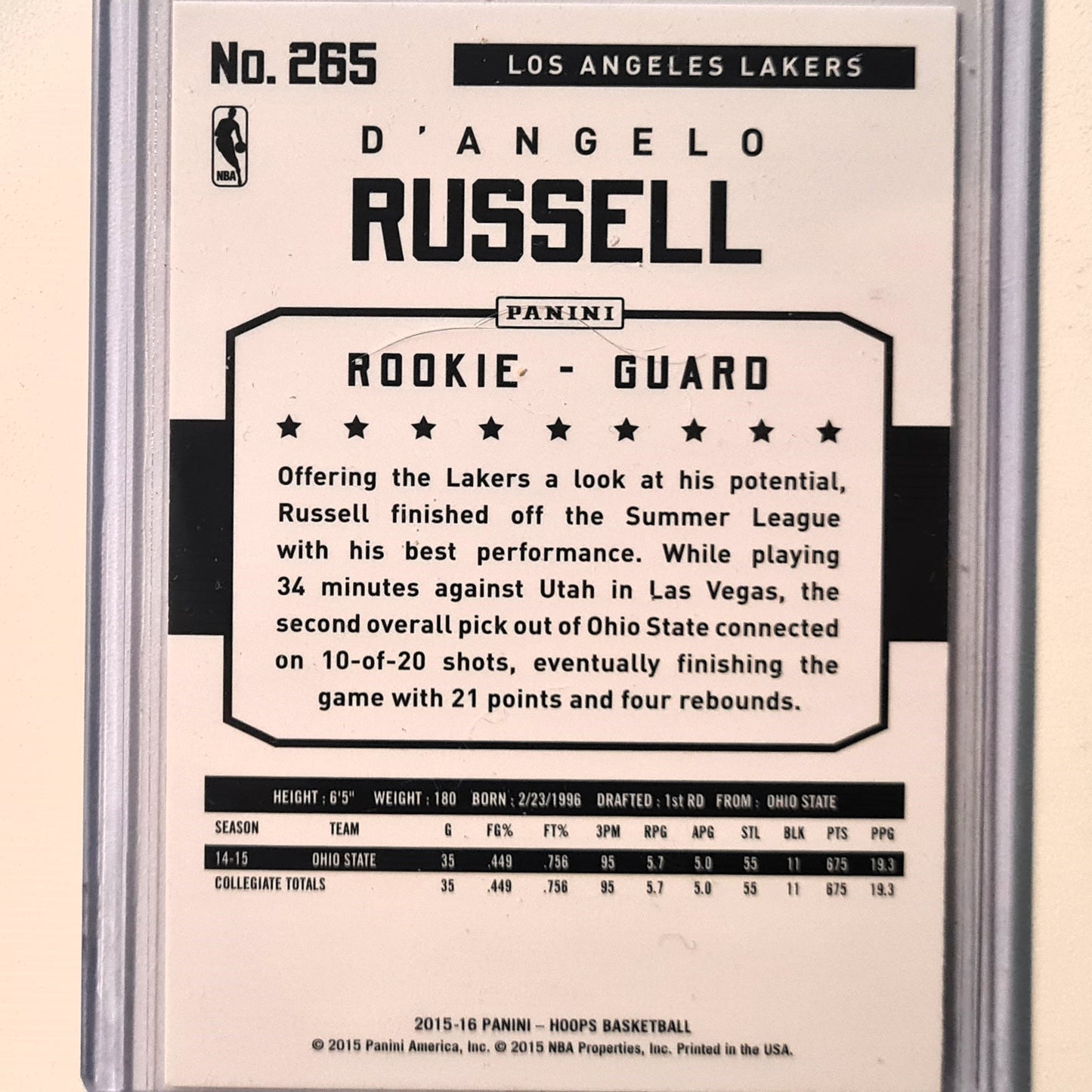 D'Angelo Russell 2015-16 Panini NBA Hoops Rookie RC #265 NBA Basketball LA Lakers Excellent Sleeved