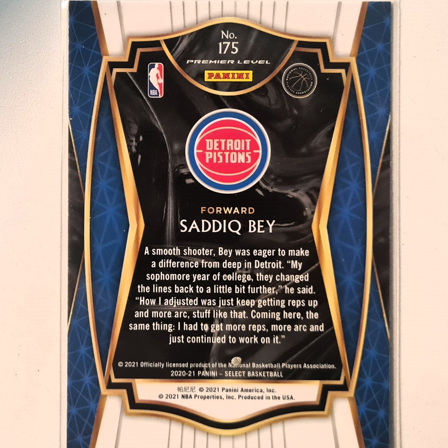 Saddiq Bey 2021 Panini Select premier level rookie RC #175 NBA Basketball Detroit pistons Excellent Sleeved