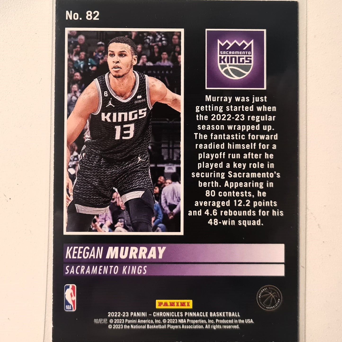 Keegan Murray Panini 2022-23 Pinnacle Rookie RC #82 NBA Basketball Sacramento Kings very good Sleeved