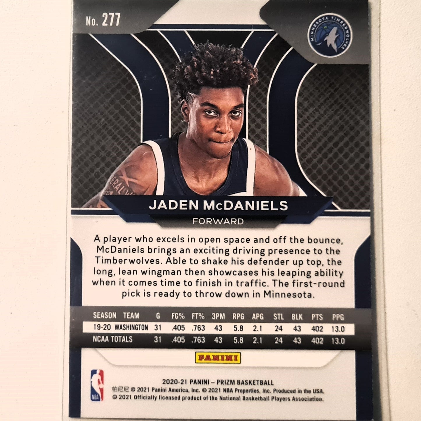 Jaden McDaniels 2020-21 Panini Prizm Rookie RC #277 NBA Basketball Minnesota Timberwolves Excellent Sleeved