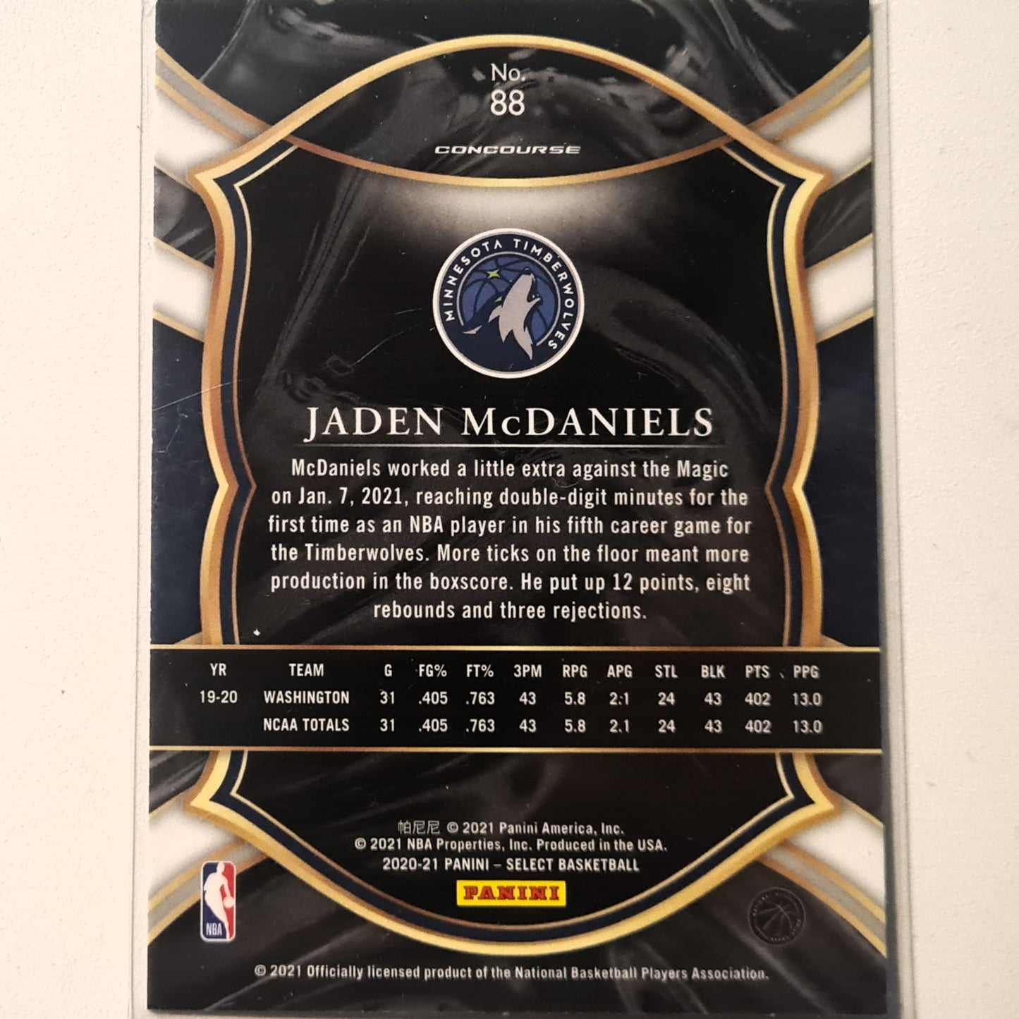 Jaden McDaniels 2020-21 Panini Select Concourse Rookie RC #88 NBA Basketball Minnesota Timberwolves Excellent Sleeved