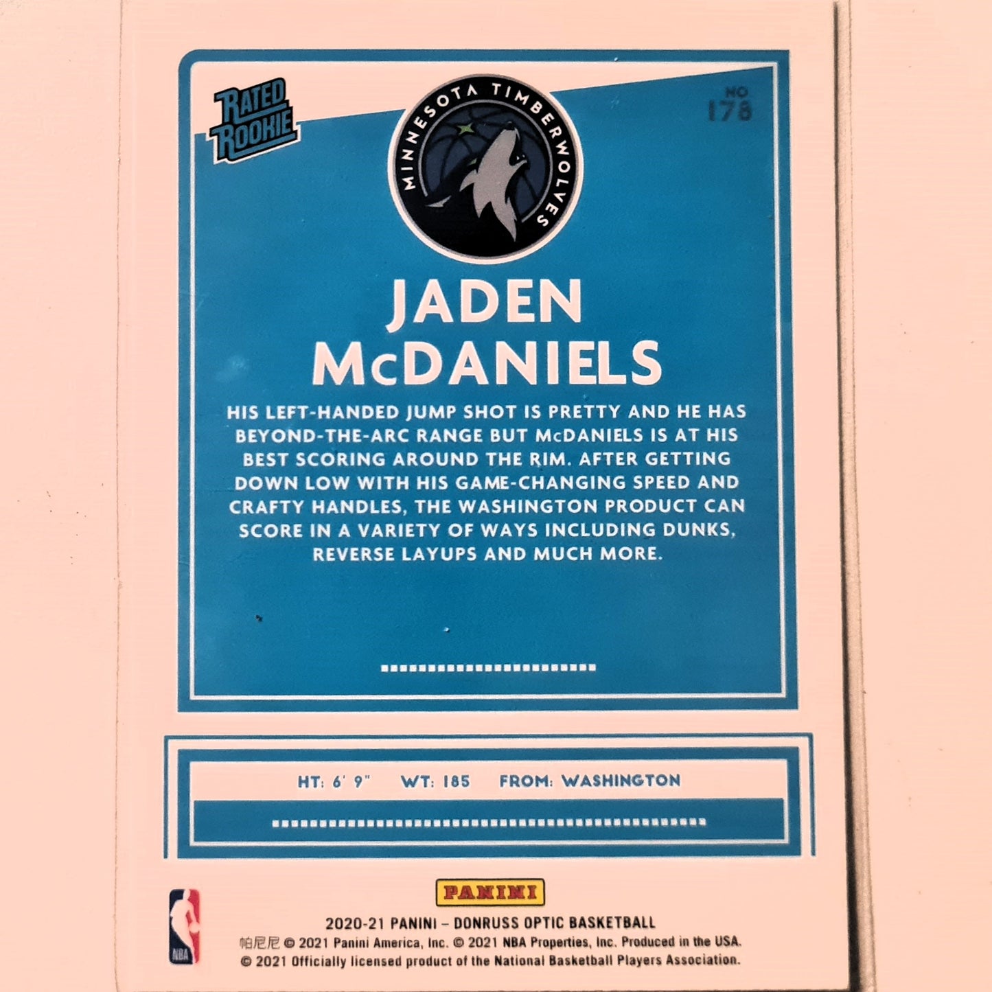 Jaden McDaniels 2020-21 Panini Donruss Optic Rated Rookie RC #178 NBA Basketball Minnesota Timberwolves Excellent Sleeved