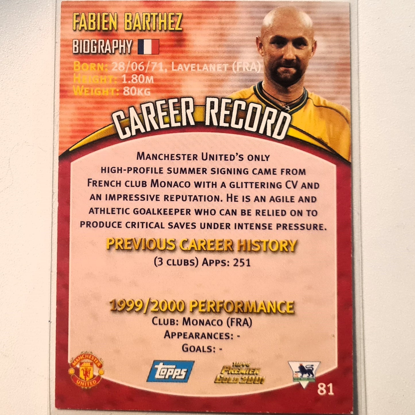 Fabien Barthez 2000 Topps Premier gold 2000 #81 Soccer Football Manchester United Excellent Sleeved