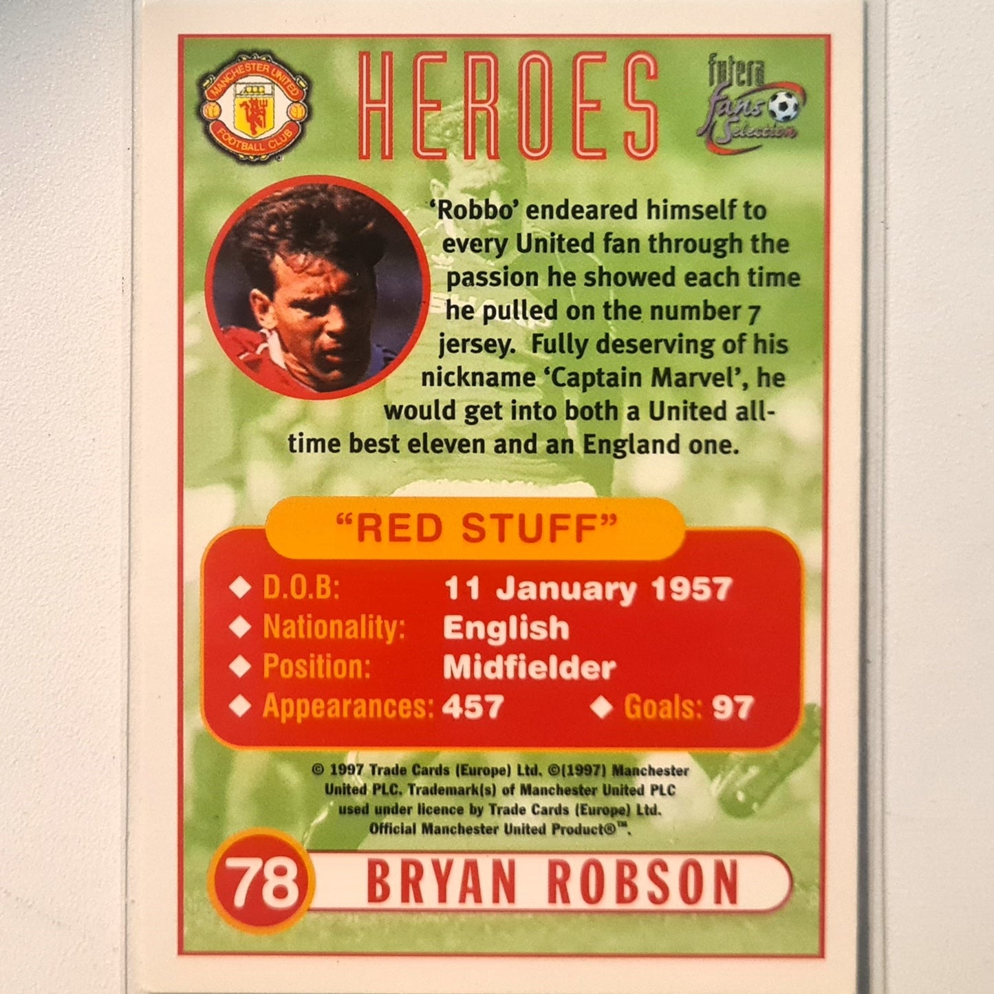 Bryan Robson 1997 Futera fans selection Heroes promo card #78 Soccer Football Manchester United Excellent Sleeved