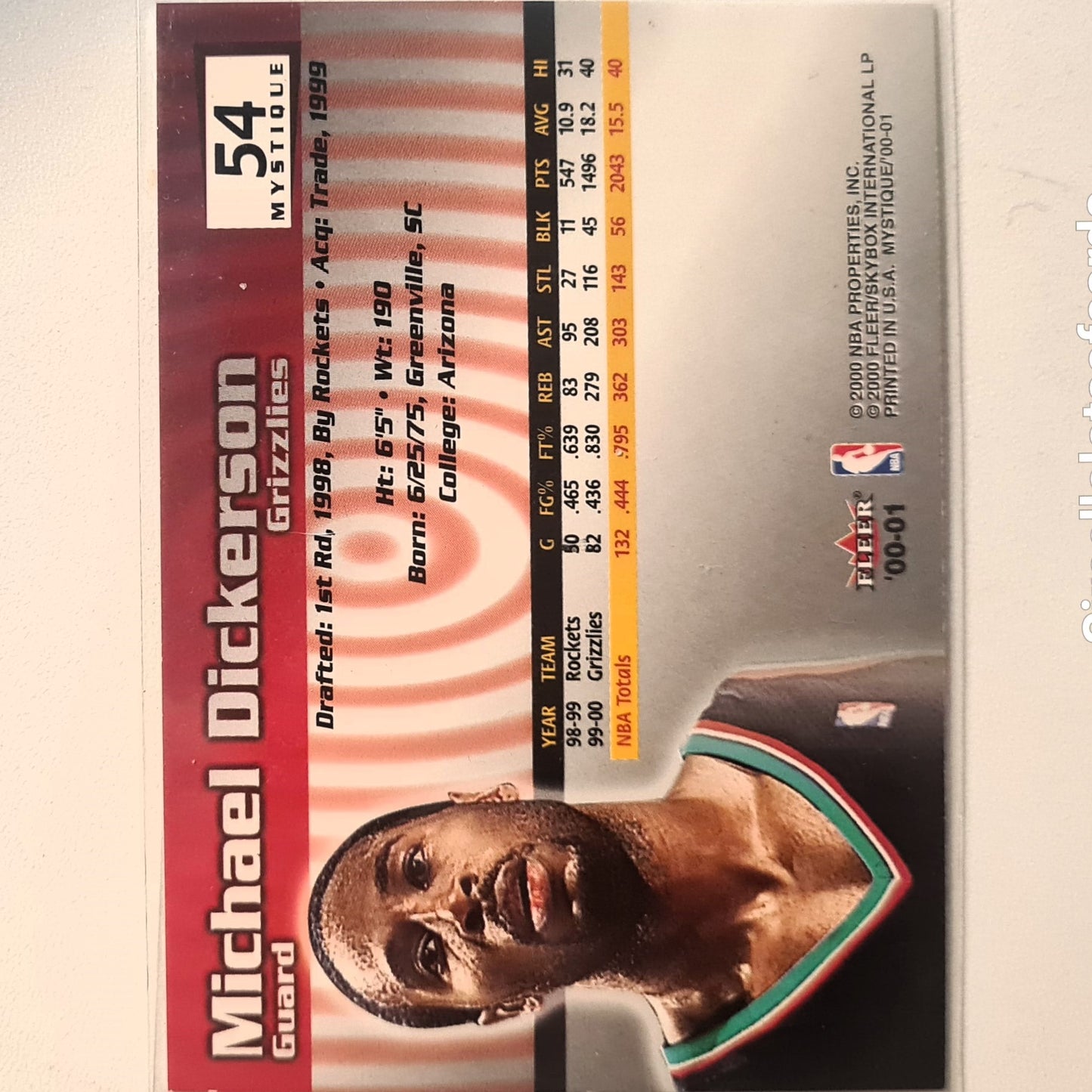 Michael Dickerson 2000-01 Fleer Mystique #54 NBA Basketball Vancouver Grizzlies Excellent/Mint Sleeved