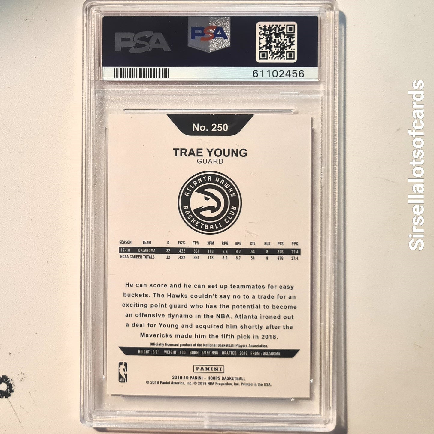 Trae Young 2018-19 NBA Hoops Rookie RC #250 NBA Basketball Atlanta Hawks PSA 8 Graded slab