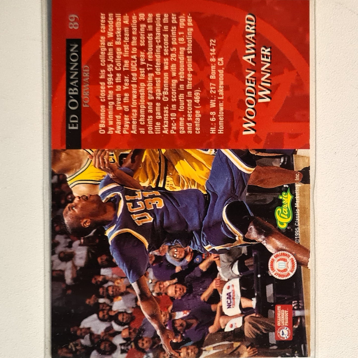 Ed O'Bannon 1995 Classic  Rookies wooden award winner Rookie RC #89 UCLA Very good Sleeved