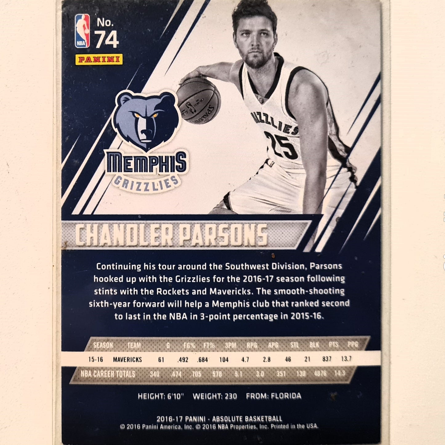 Chandler Parsons 2016-17 Panini Absolute #74 NBA Basketball Memphis Grizzlies very good Sleeved