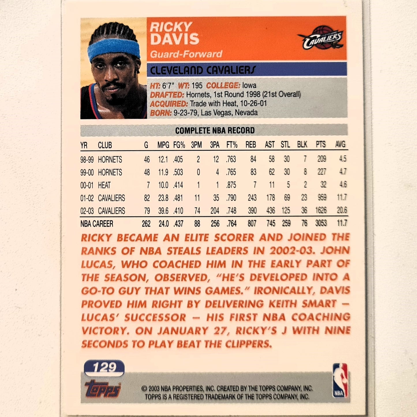 Ricky Davis 2003-04 Topps #129 NBA Basketball Cleveland Cavaliers Excellent Sleeved