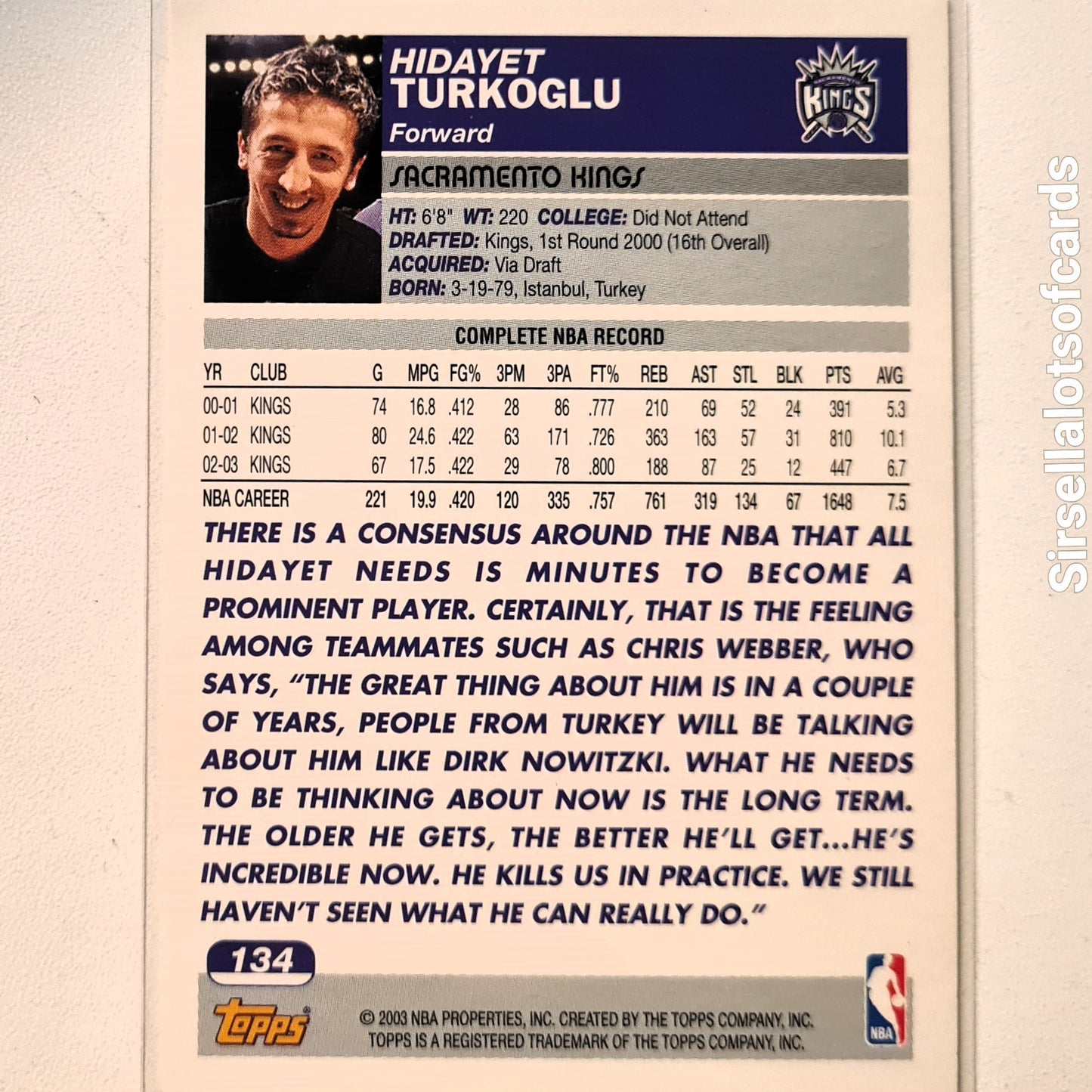 Hidayet Turhoglu 2003-04 Topps #134 NBA Basketball Sacramento Kings Excellent Sleeved