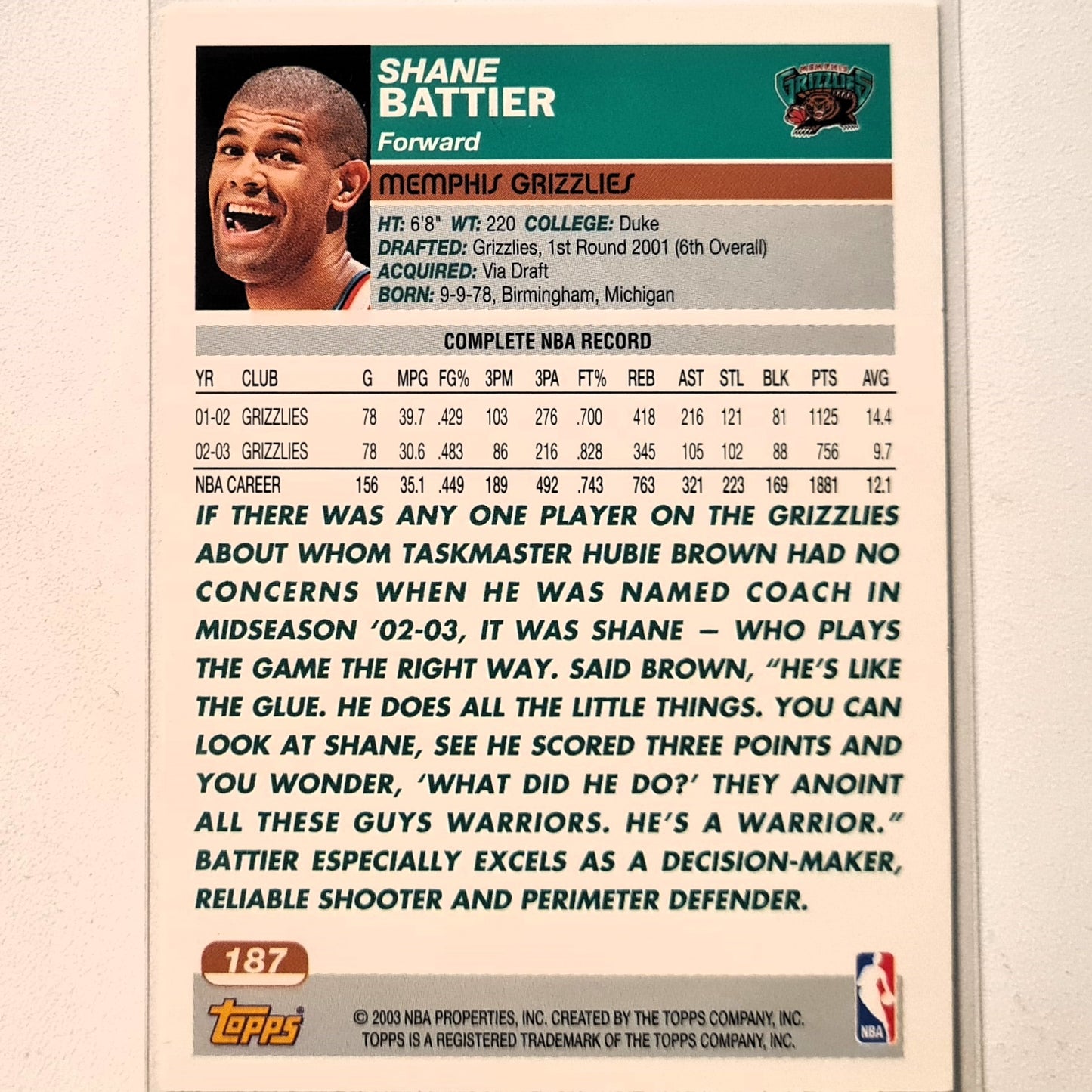 Shane Battier 2003-04 Topps #187 NBA Basketball Memphis Grizzlies Excellent Sleeved