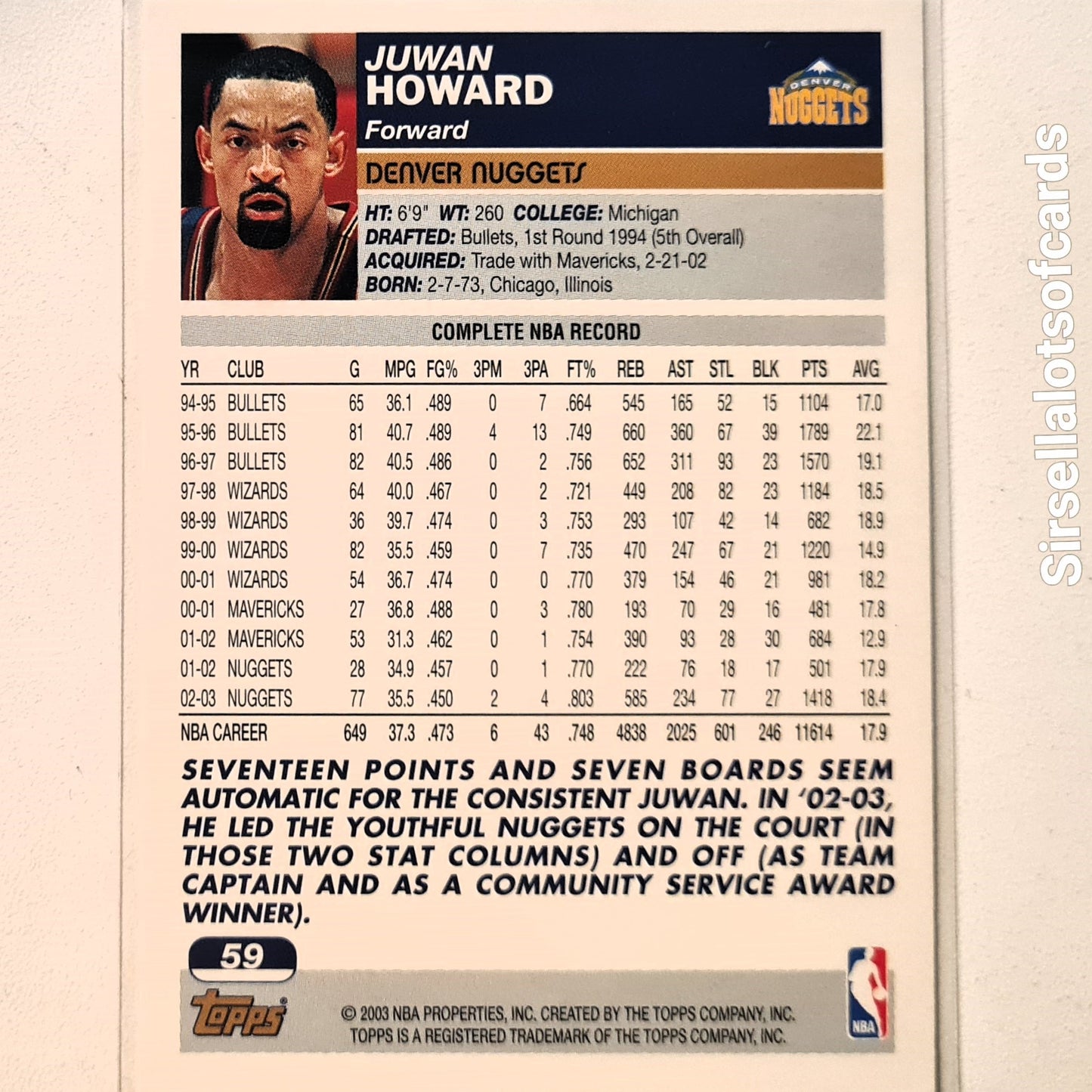 Juwan Howard 2003-04 Topps #59 NBA Basketball Denver Nuggets Excellent Sleeved