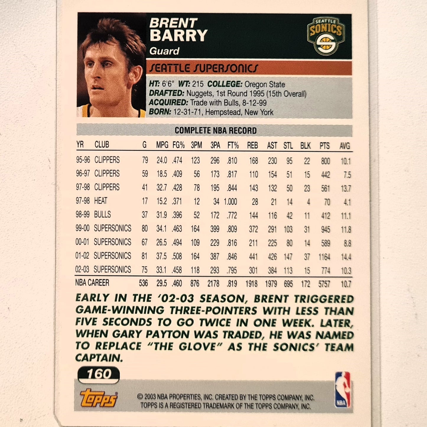 Brent Barry 2003-04 Topps #160 NBA Basketball Seattle Super Sonics Excellent Sleeved