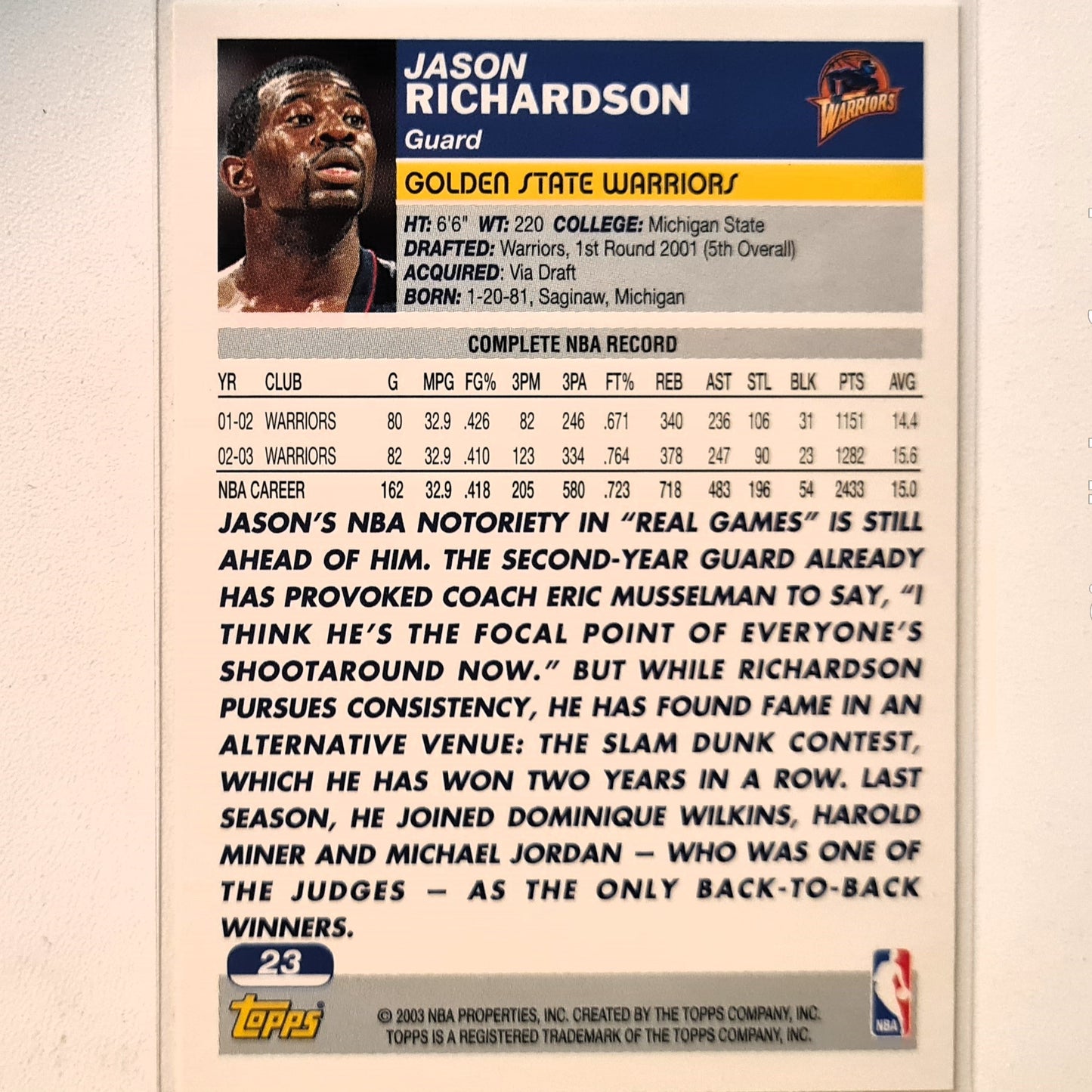 Jason Richardson 2003-04 Topps #23 NBA Basketball Golden State Warriors Excellent Sleeved