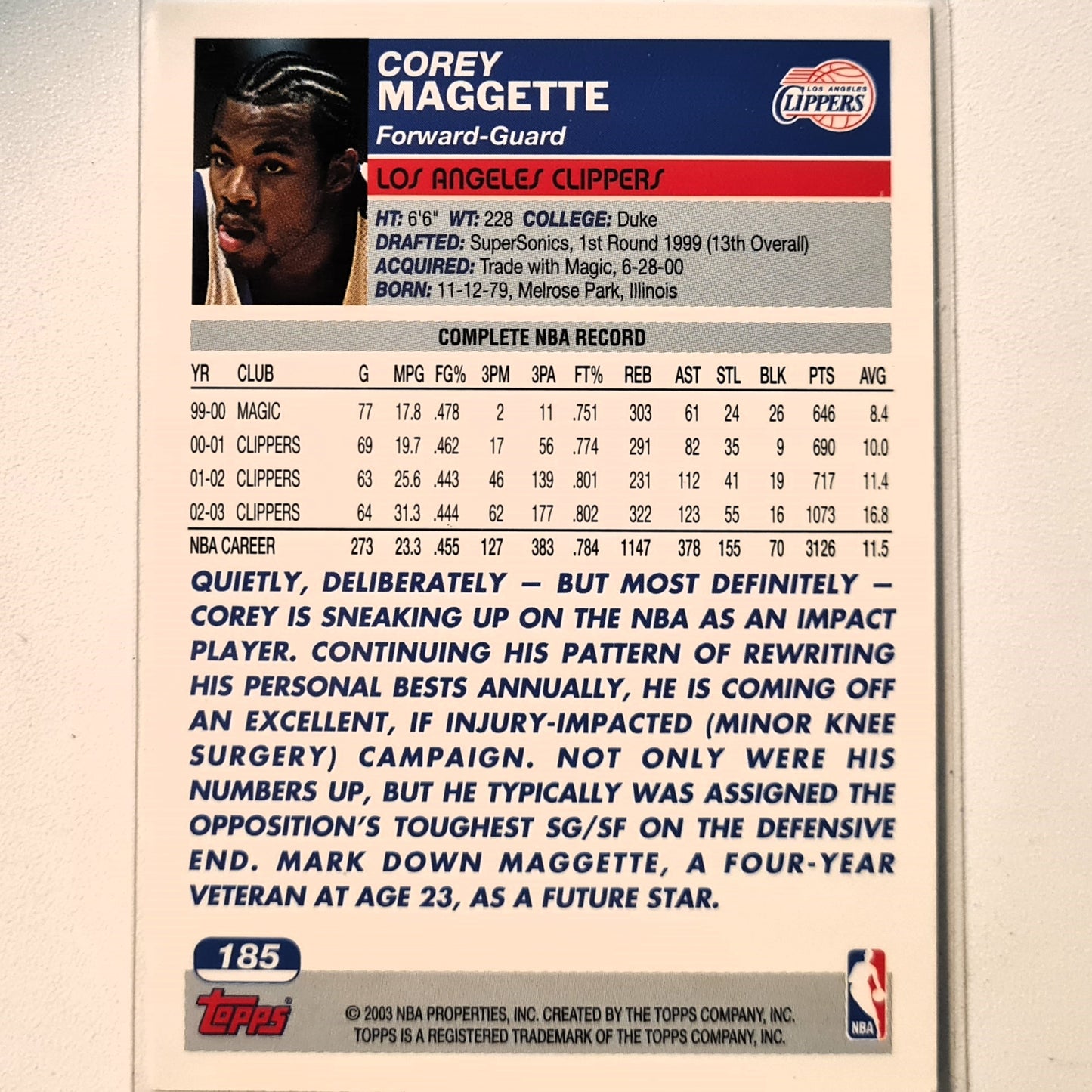 Corey Maggette 2003-04 Topps #185 NBA Basketball LA Clippers Excellent Sleeved