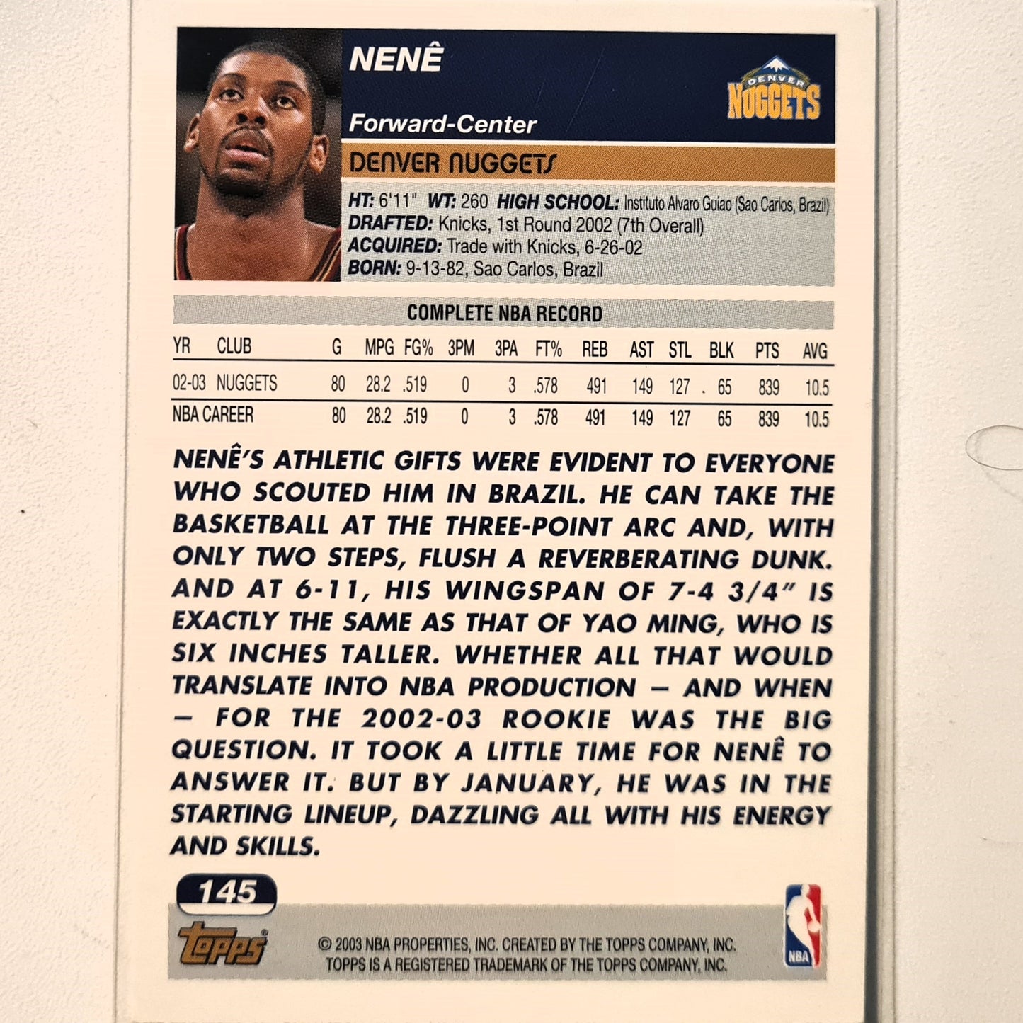 Nene 2003-04 Topps #145 NBA Basketball Denver Nuggets Excellent Sleeved