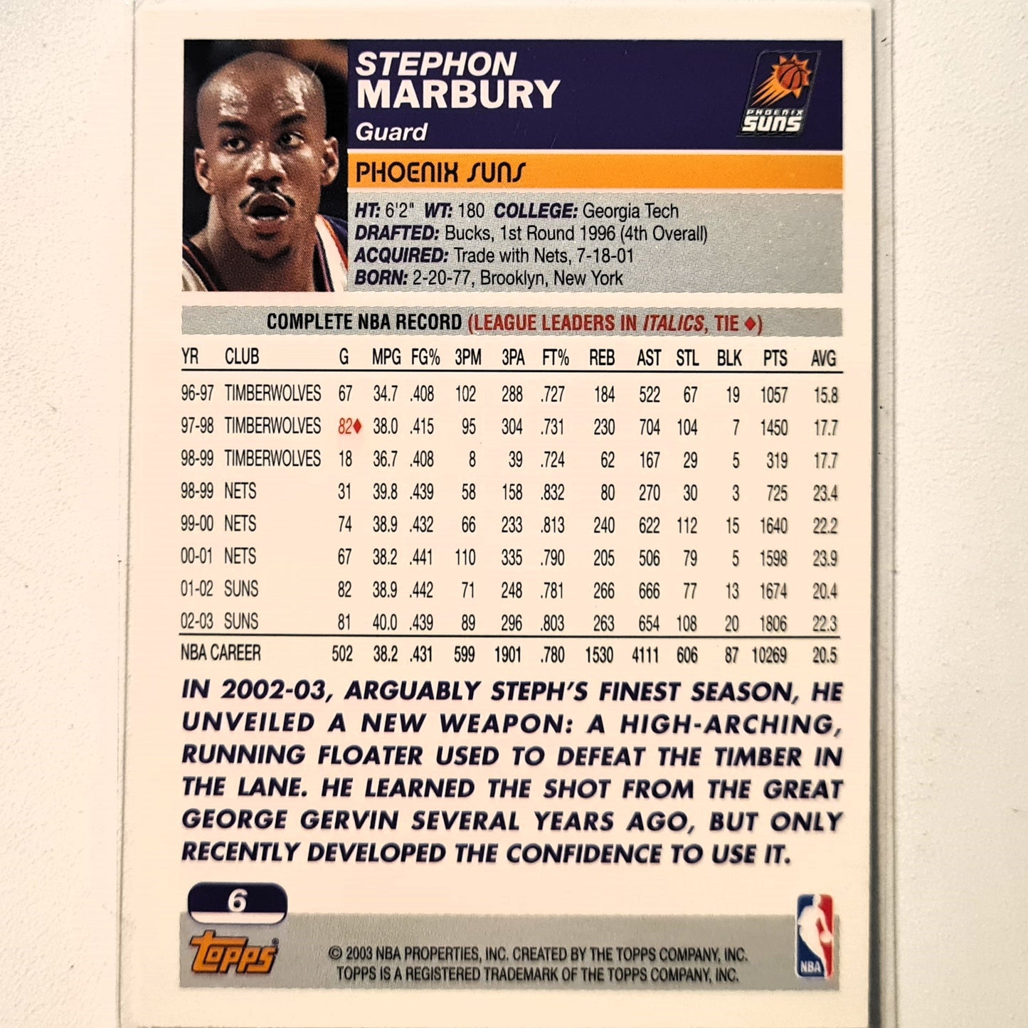 Stephon Marbury 2003-04 Topps #6 NBA Basketball Phoenix Suns Excellent Sleeved