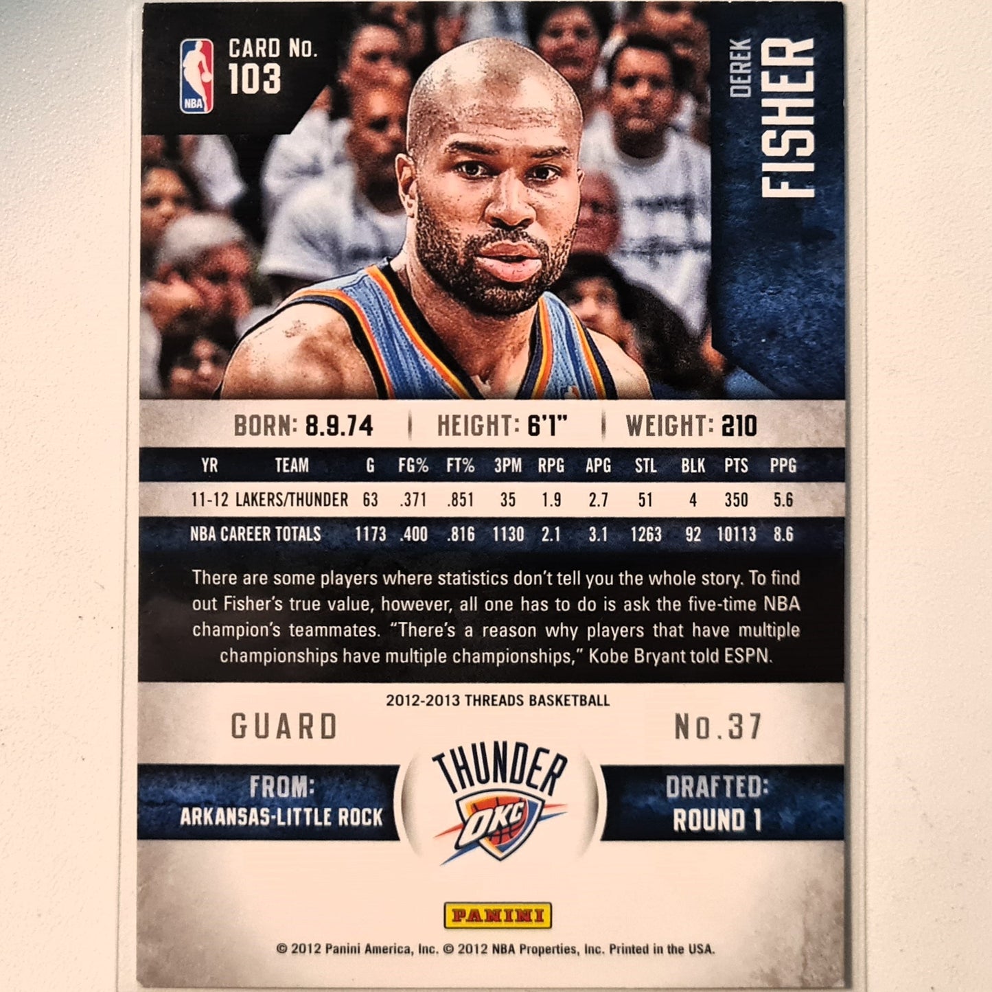 Derek Fisher 2012 Panini Threads12-13 #103 NBA Basketball Oklahoma City Thunder very good Sleeved