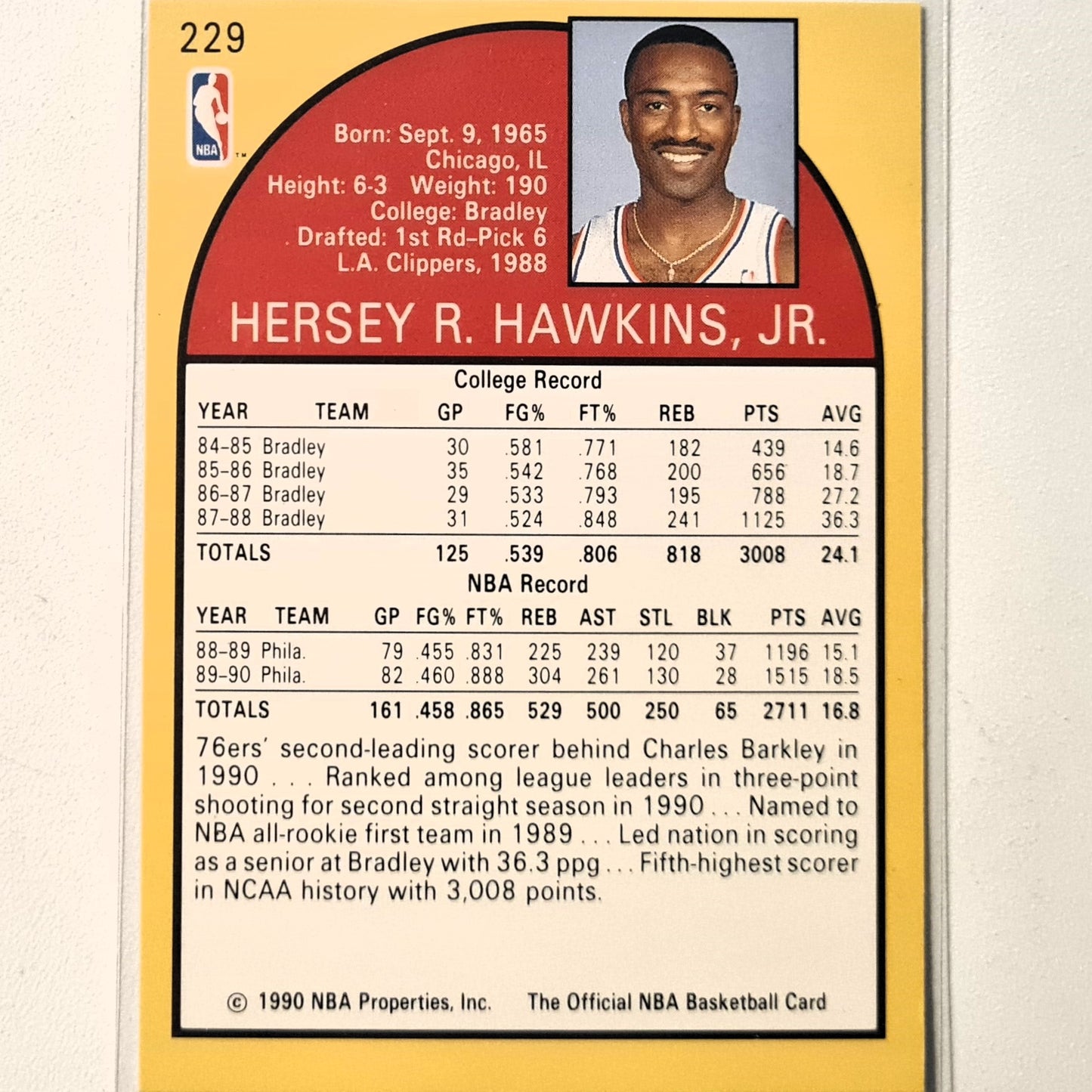 Hersey Hawkins 1990 NBA Hoops #229 NBA Basketball Philadelphia 76ers very good Sleeved