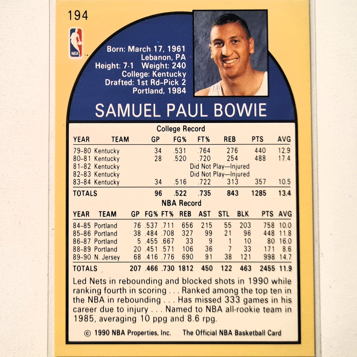 Sam Bowie 1990 NBA Hoops #194 NBA Basketball New Jersey Nets very good Sleeved