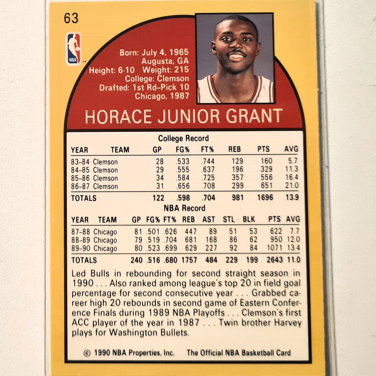 Horace Grant 1990 NBA Hoops #63 NBA Basketball Chicago Bulls very good Sleeved