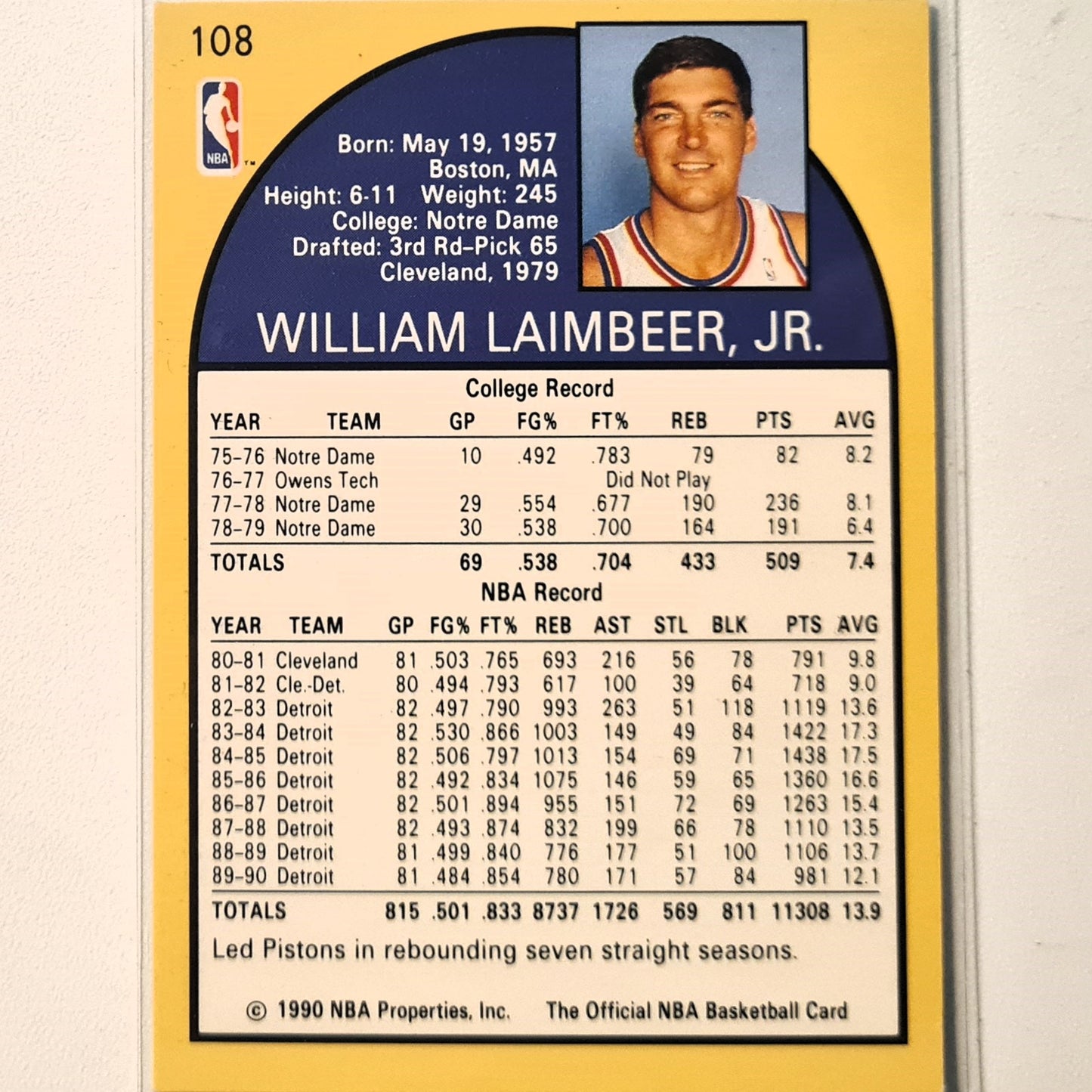 Bill Laimbeer 1990 NBA Hoops #108 NBA Basketball Detroit Pistons very good Sleeved