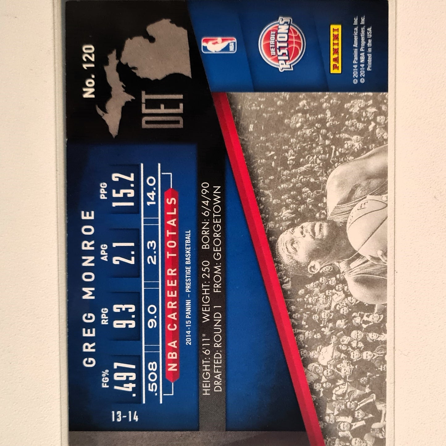 Greg Monroe 2014-15 Panini Prestige #120 NBA Basketball Detroit Pistons very good Sleeved