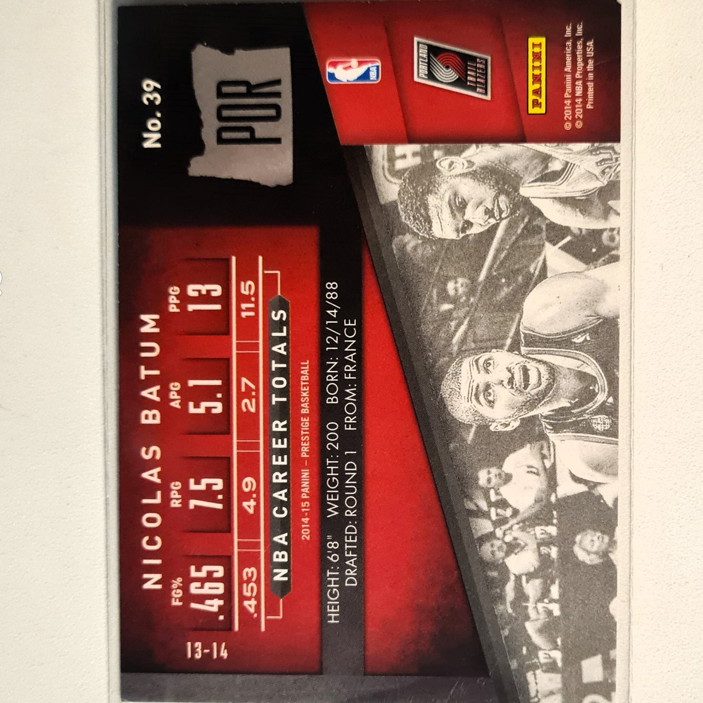 Nicolas Batum 2014-15 Panini Prestige #39 NBA Basketball Portland Trail Blazers very good Sleeved