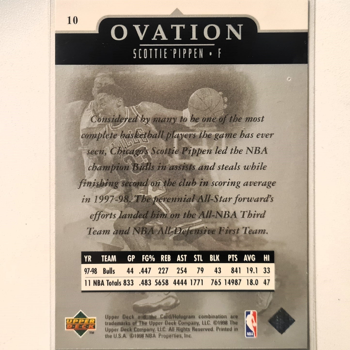 Scottie Pippen 1998 Upper-Deck Ovation #10 NBA Basketball Chicago Bulls Excellent Sleeved