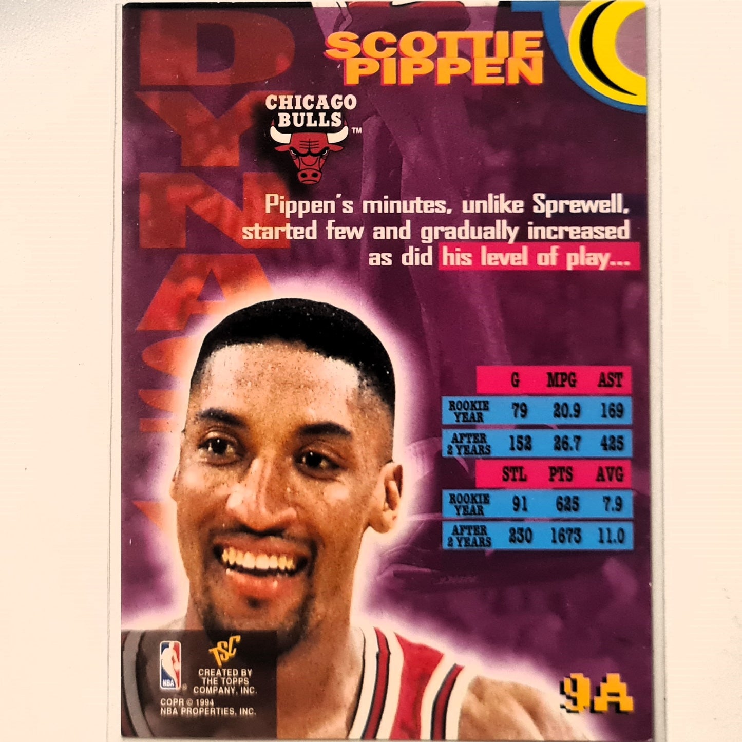 Scottie Pippen 1994 Topps stadium club Dynasty 9a NBA Basketball Chicago Bulls very good Sleeved