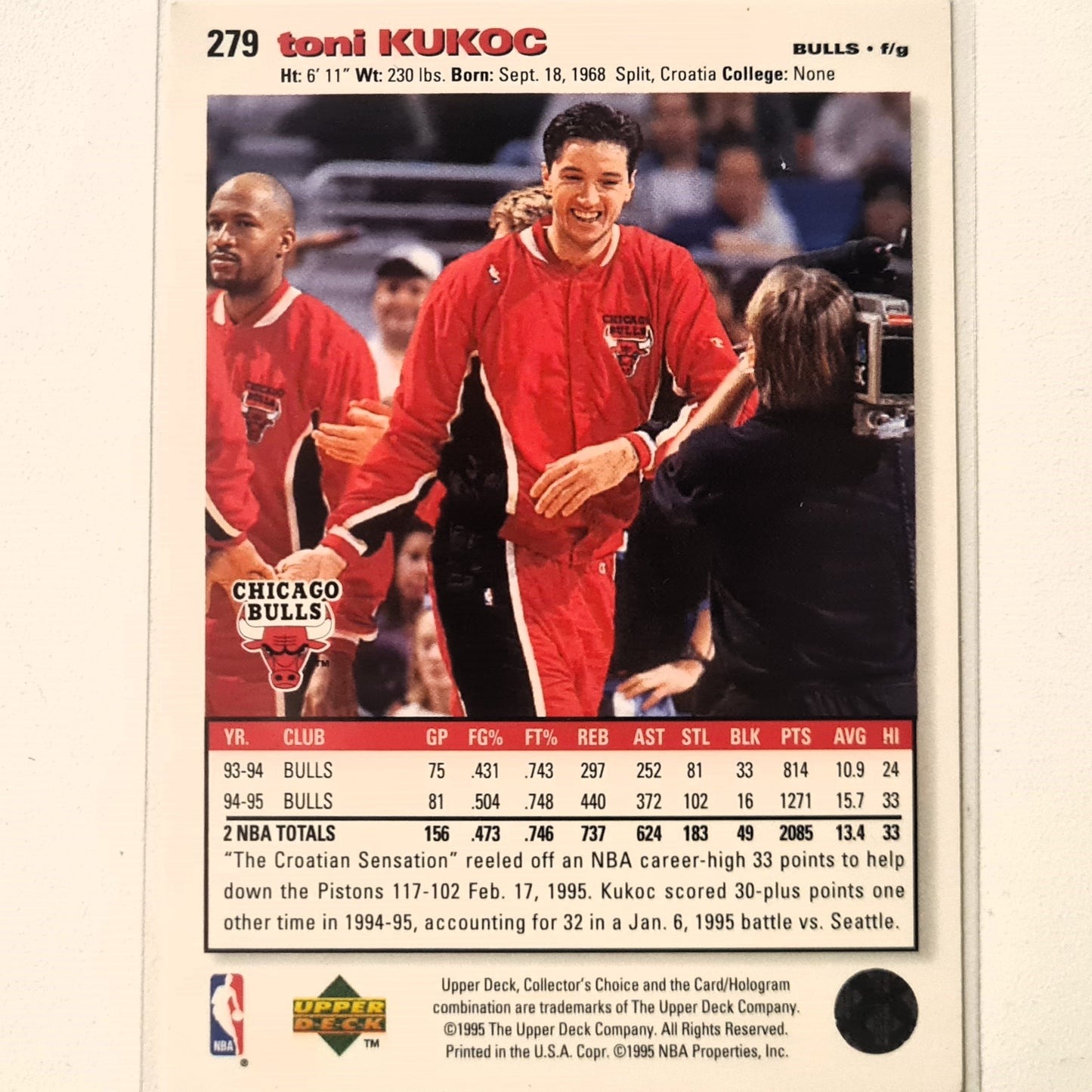 Toni Kukoc 1995 Upper Deck collectors choice #279 NBA Basketball Chicago Bulls Excellent Sleeved