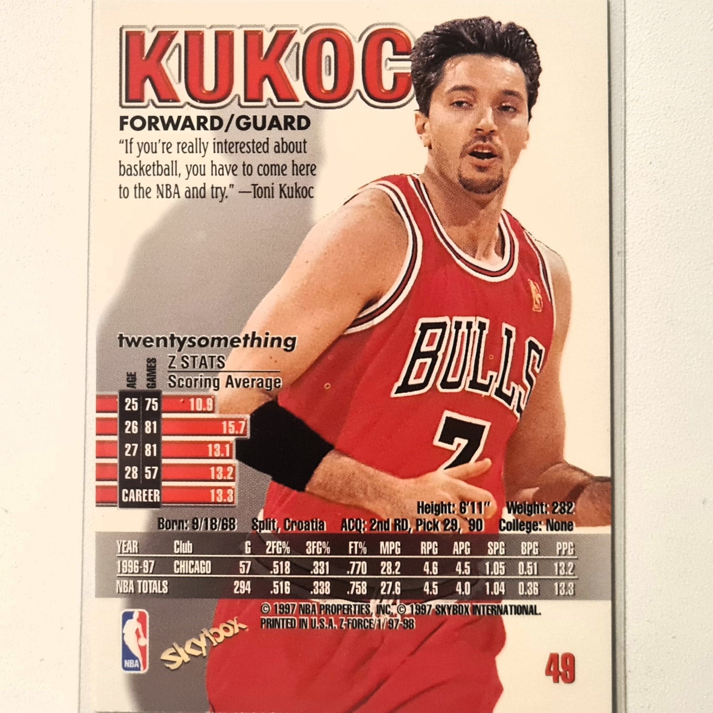 Toni Kukoc 1997 Skybox Z-Force #49 NBA Basketball Chicago Bulls Excellent Sleeved