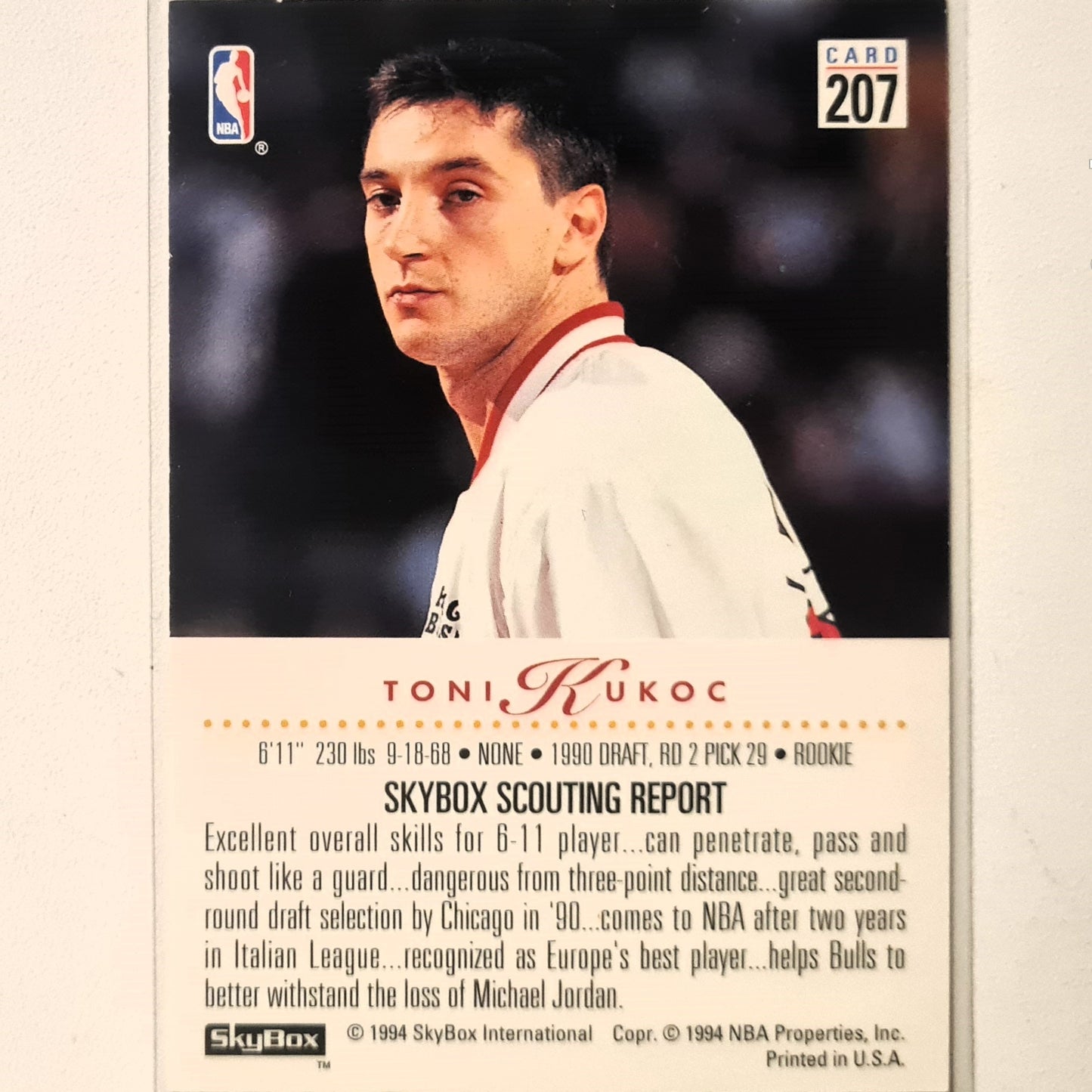 Toni Kukoc 1994 Skybox 93-94 Rookie RC #207 NBA Basketball Chicago Bulls Excellent Sleeved