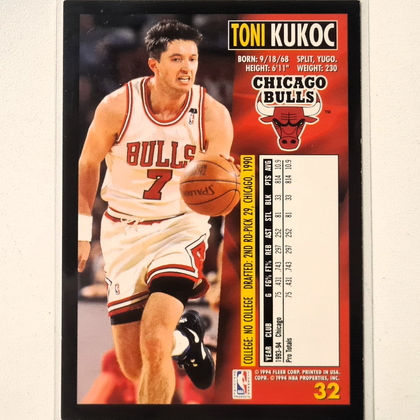 Toni Kukoc 1994 Fleer 93-94 #32 NBA Basketball Chicago Bulls Excellent Sleeved