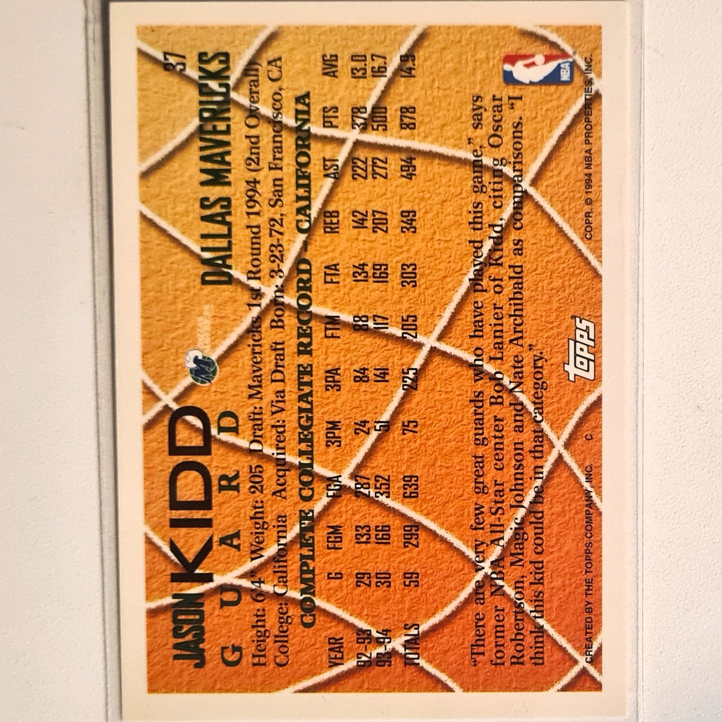 Jason Kidd 1994 Topps 1994 Draft pick Rookie RC #37 NBA Basketball Dallas Mavericks Excellent Sleeved