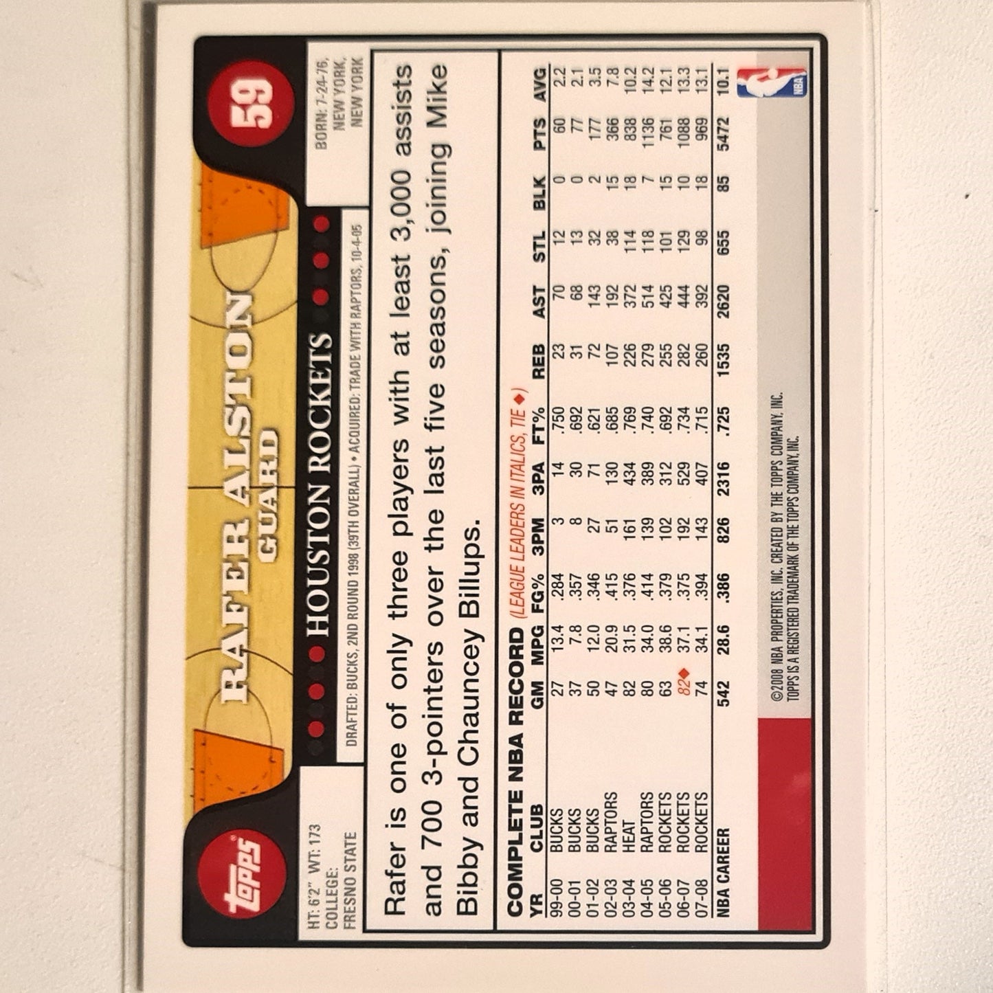 Rafer Alston 2008 Topps #59 NBA Basketball Houston Rockets Excellent Sleeved