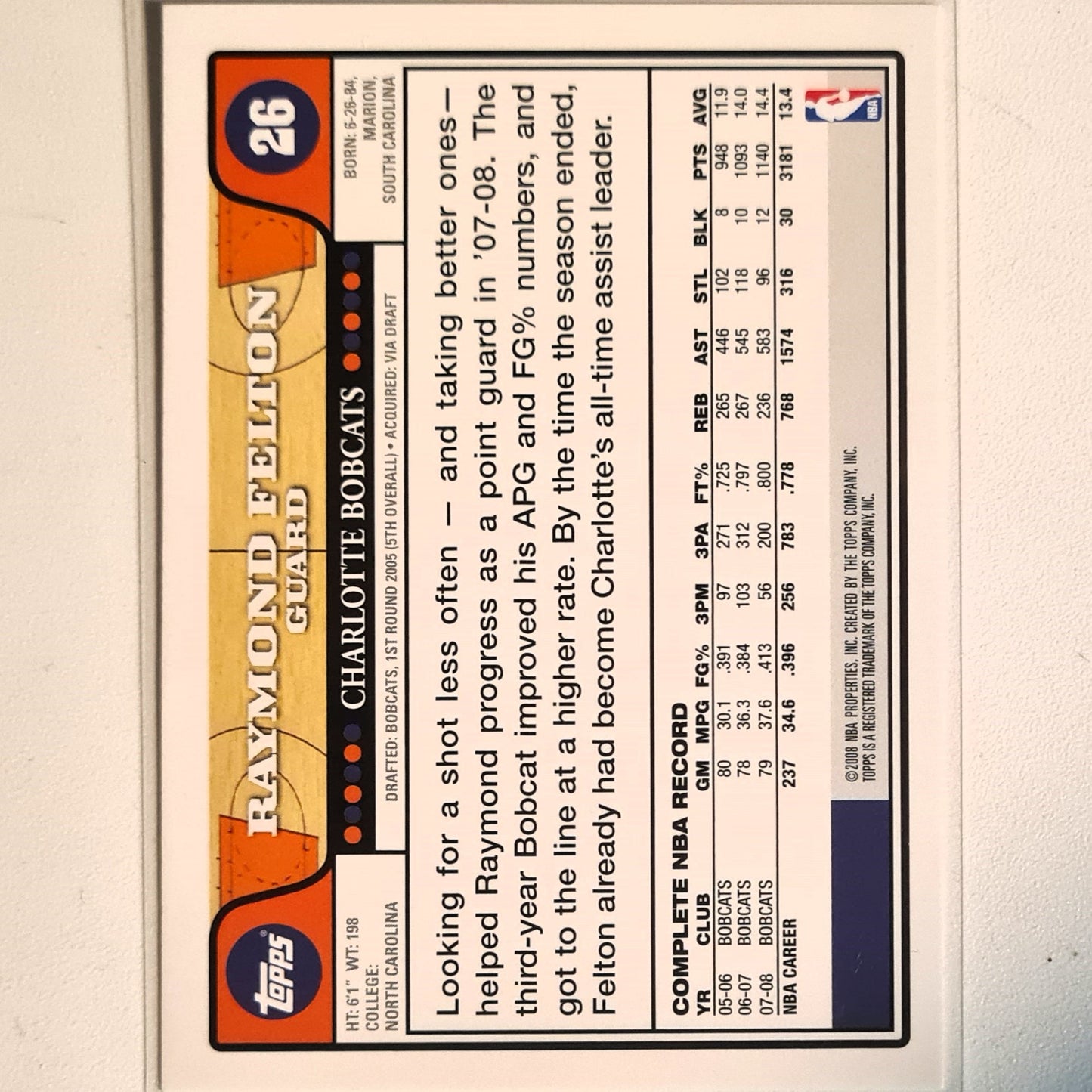 Raymond Felton 2008 Topps #26 NBA Basketball Charlotte Bobcats Excellent Sleeved