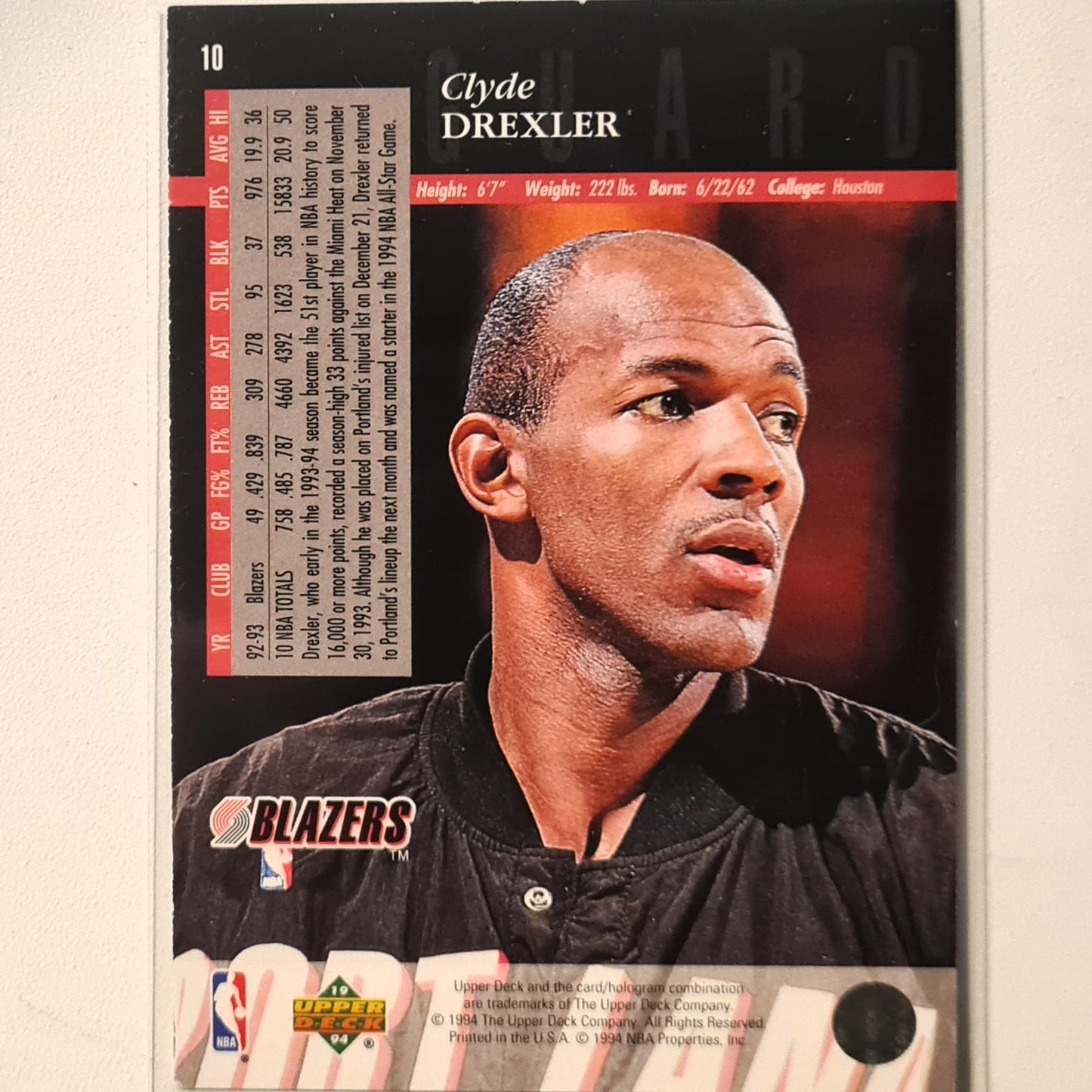 Clyde Drexler 1994 Upper-Deck #10 NBA Basketball Portland Trail Blazers good-very good Sleeved