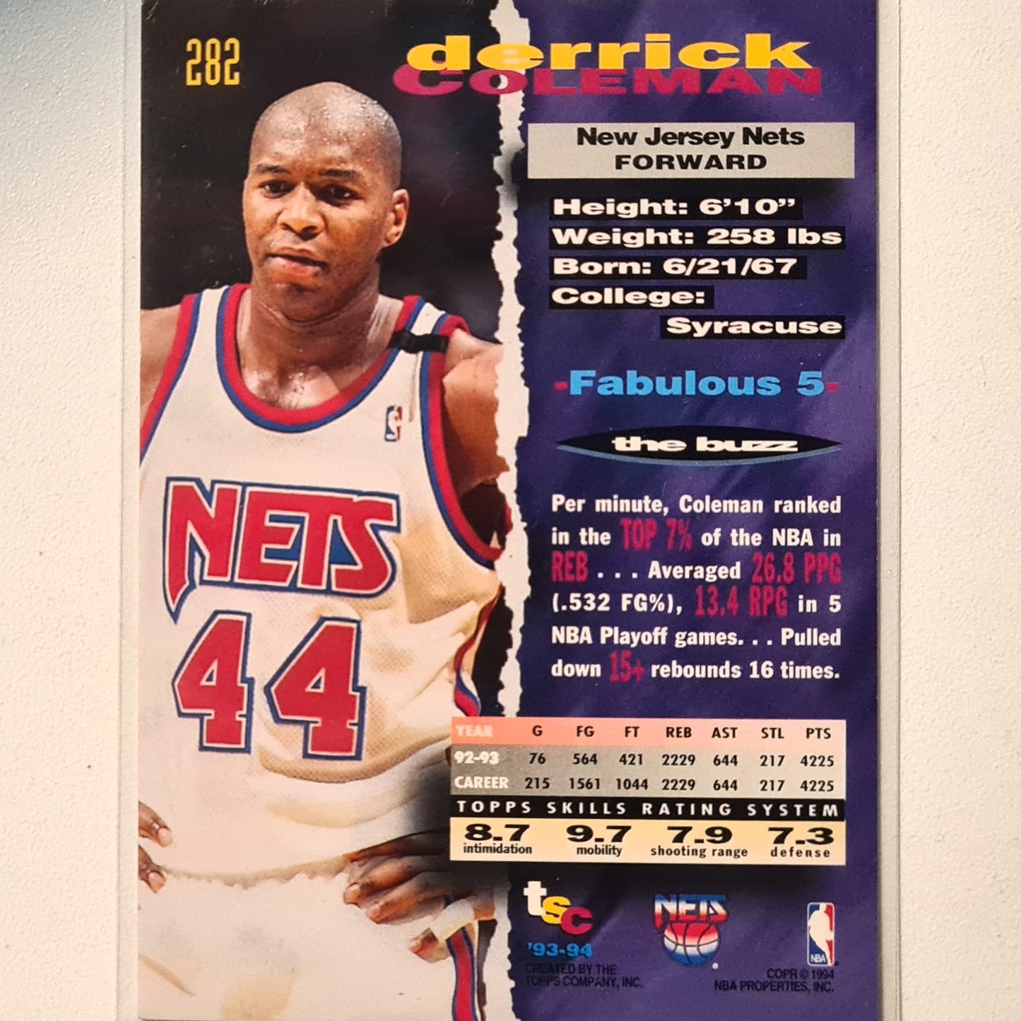 Derrick Coleman 1994 Topps Stadium Club 282 NBA Basketball new jersey nets fair/Good sleeved