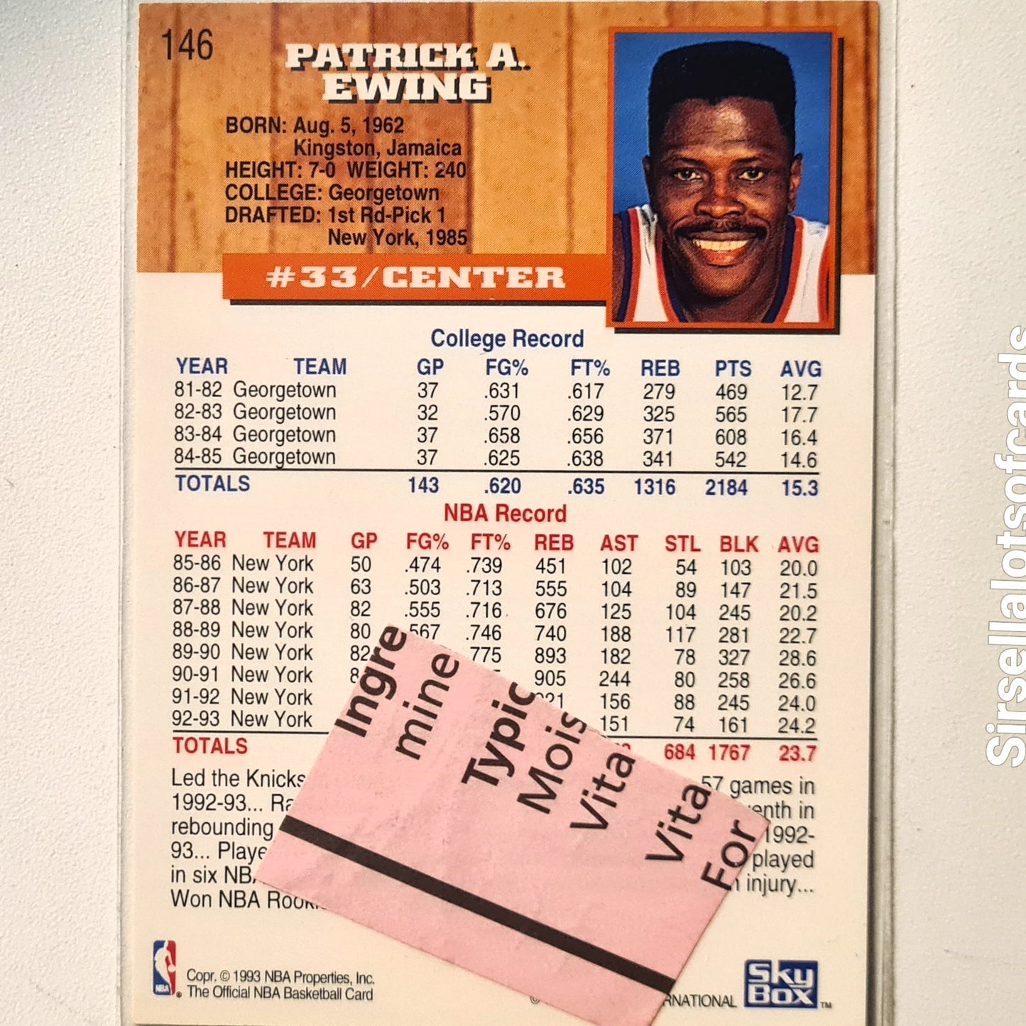 Patrick Ewing 1993 Skybox NBA Hoops #146 NBA Basketball New York Knicks Excellent sleeved